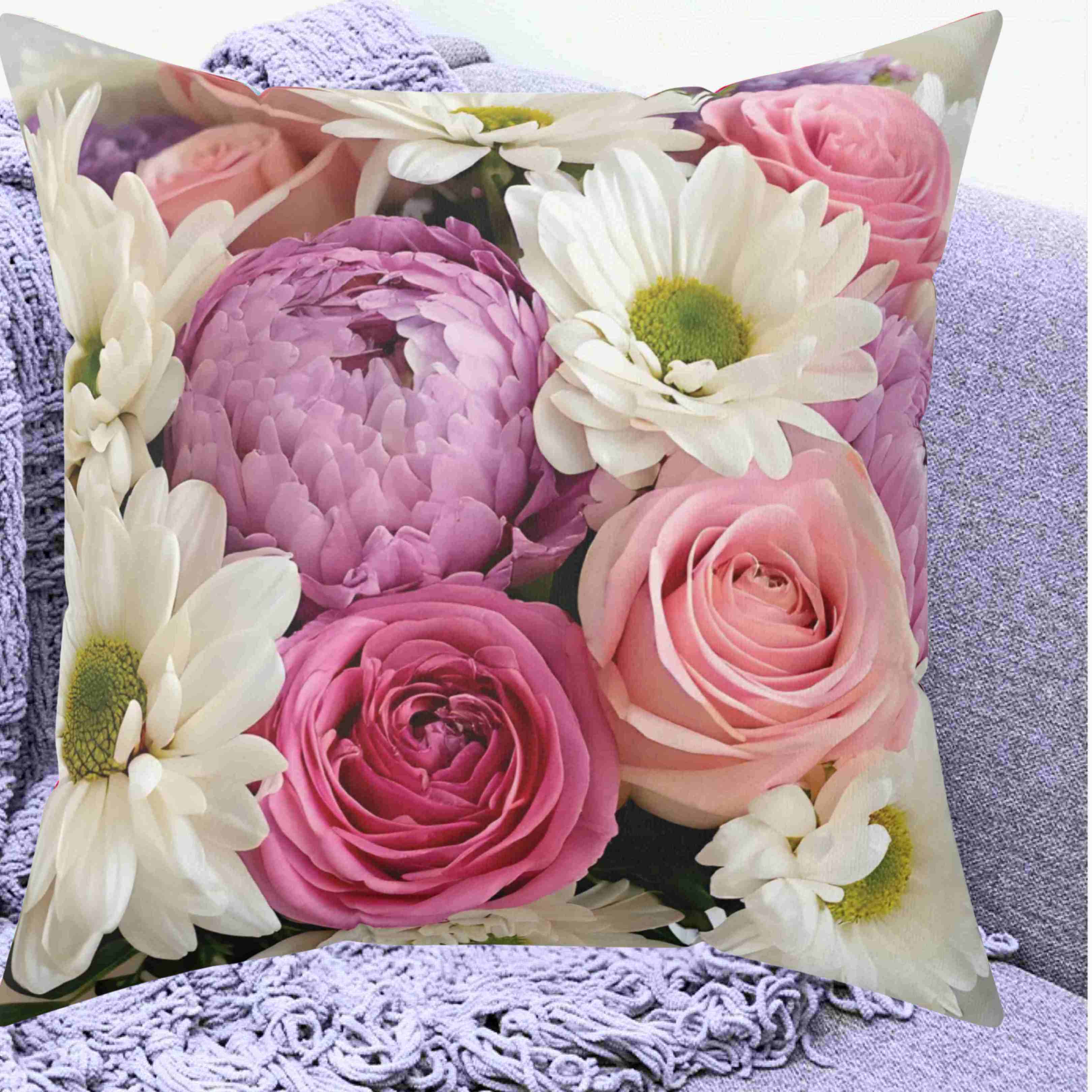 Fresh Roses, Peonies &amp; Daisies Pillow, Bright Floral Throw Cushion with Insert Cheerful Decorative Accent for Cozy, Elegant Home Décor product thumbnail image