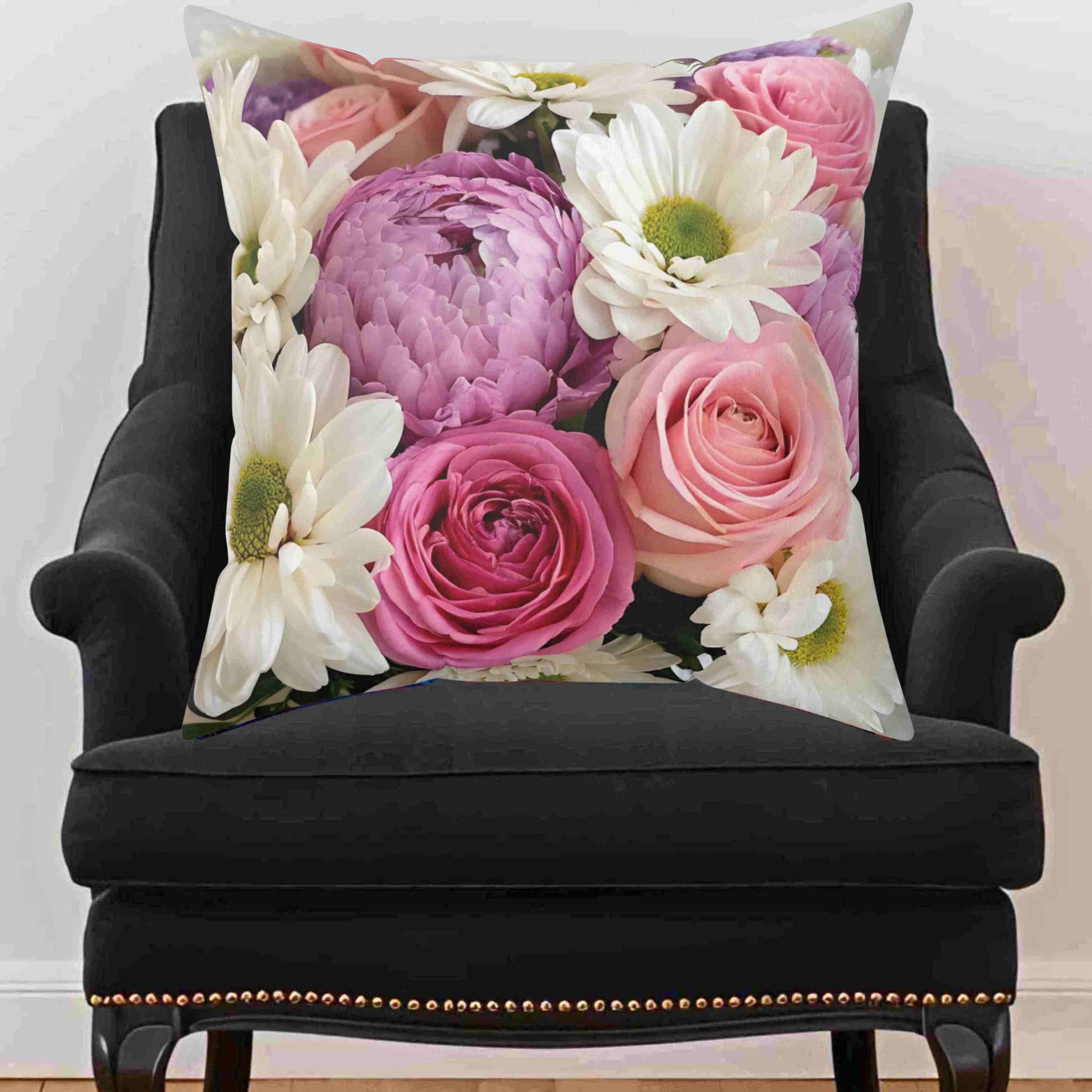 Fresh Roses, Peonies &amp; Daisies Pillow, Bright Floral Throw Cushion with Insert Cheerful Decorative Accent for Cozy, Elegant Home Décor product thumbnail image