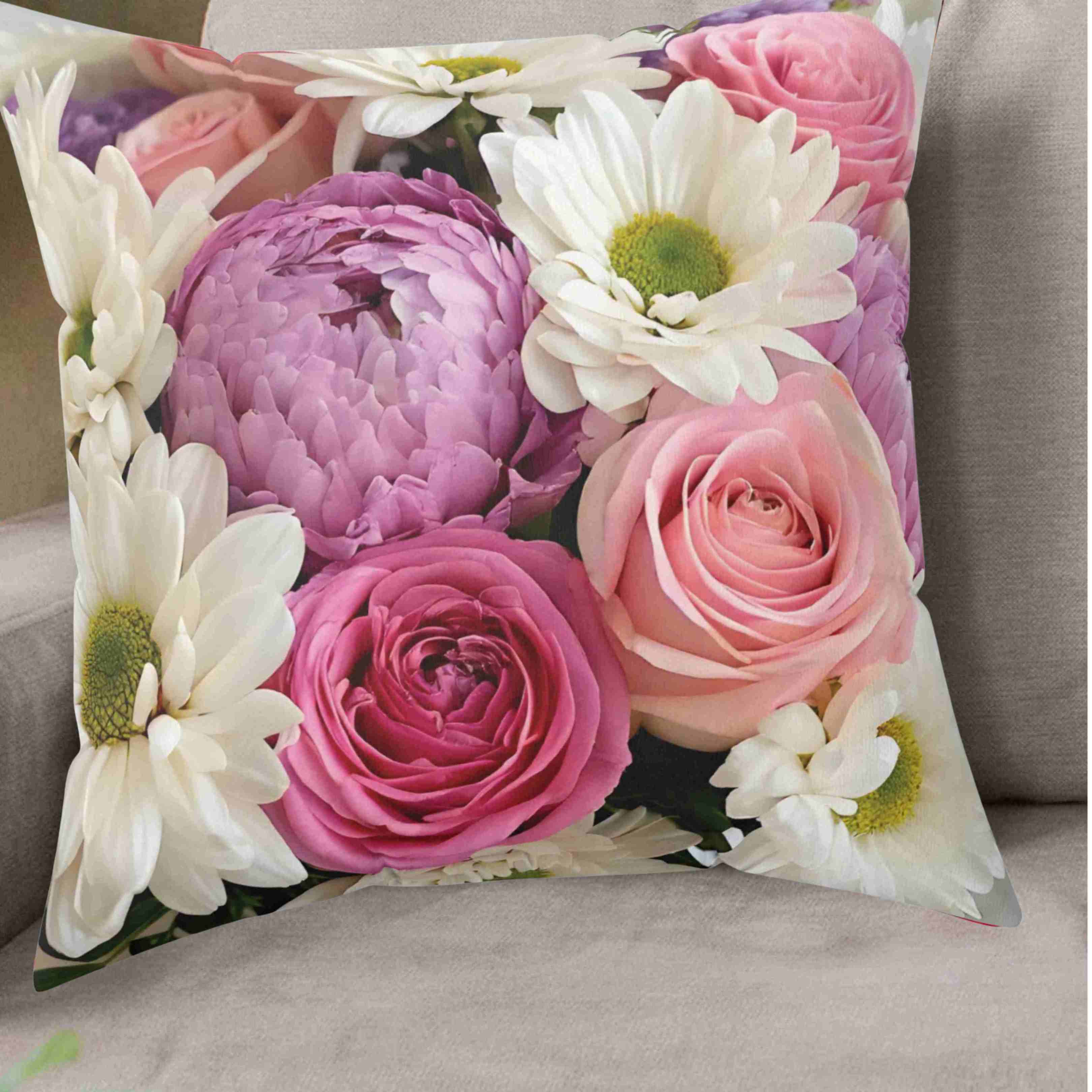 Fresh Roses, Peonies &amp; Daisies Pillow, Bright Floral Throw Cushion with Insert Cheerful Decorative Accent for Cozy, Elegant Home Décor product thumbnail image