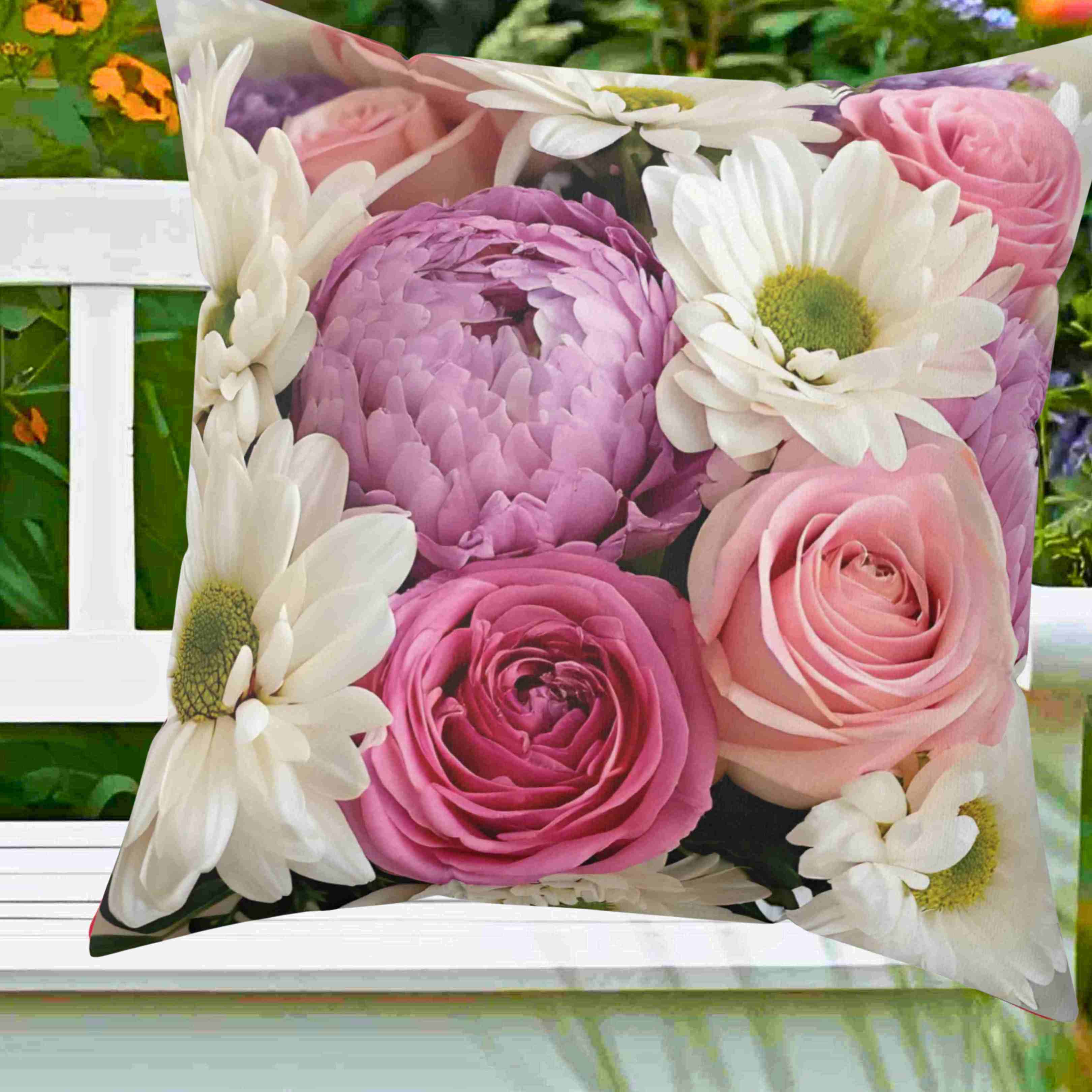 Fresh Roses, Peonies &amp; Daisies Pillow, Bright Floral Throw Cushion with Insert Cheerful Decorative Accent for Cozy, Elegant Home Décor product thumbnail image