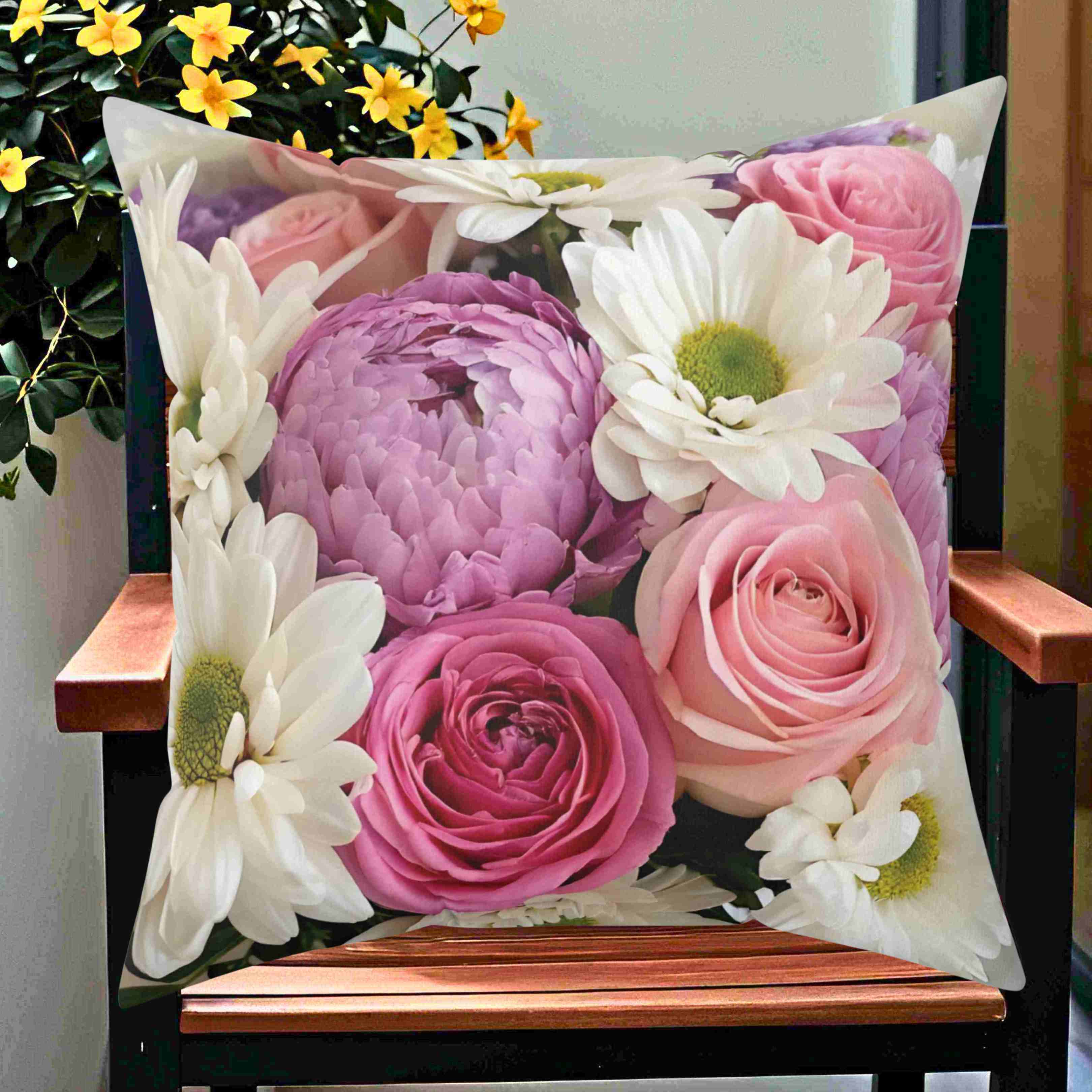 Fresh Roses, Peonies &amp; Daisies Pillow, Bright Floral Throw Cushion with Insert Cheerful Decorative Accent for Cozy, Elegant Home Décor product thumbnail image