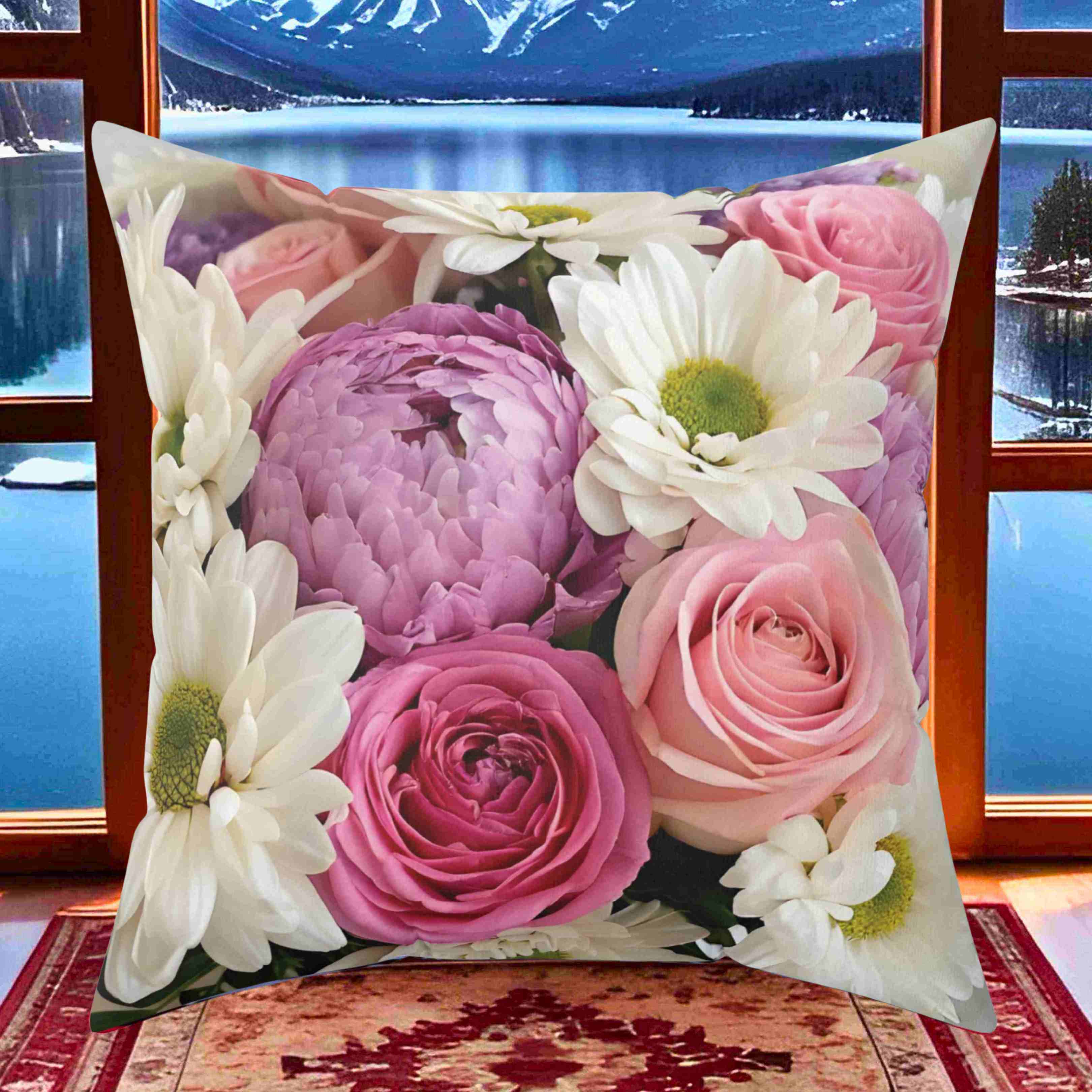 Fresh Roses, Peonies &amp; Daisies Pillow, Bright Floral Throw Cushion with Insert Cheerful Decorative Accent for Cozy, Elegant Home Décor product thumbnail image
