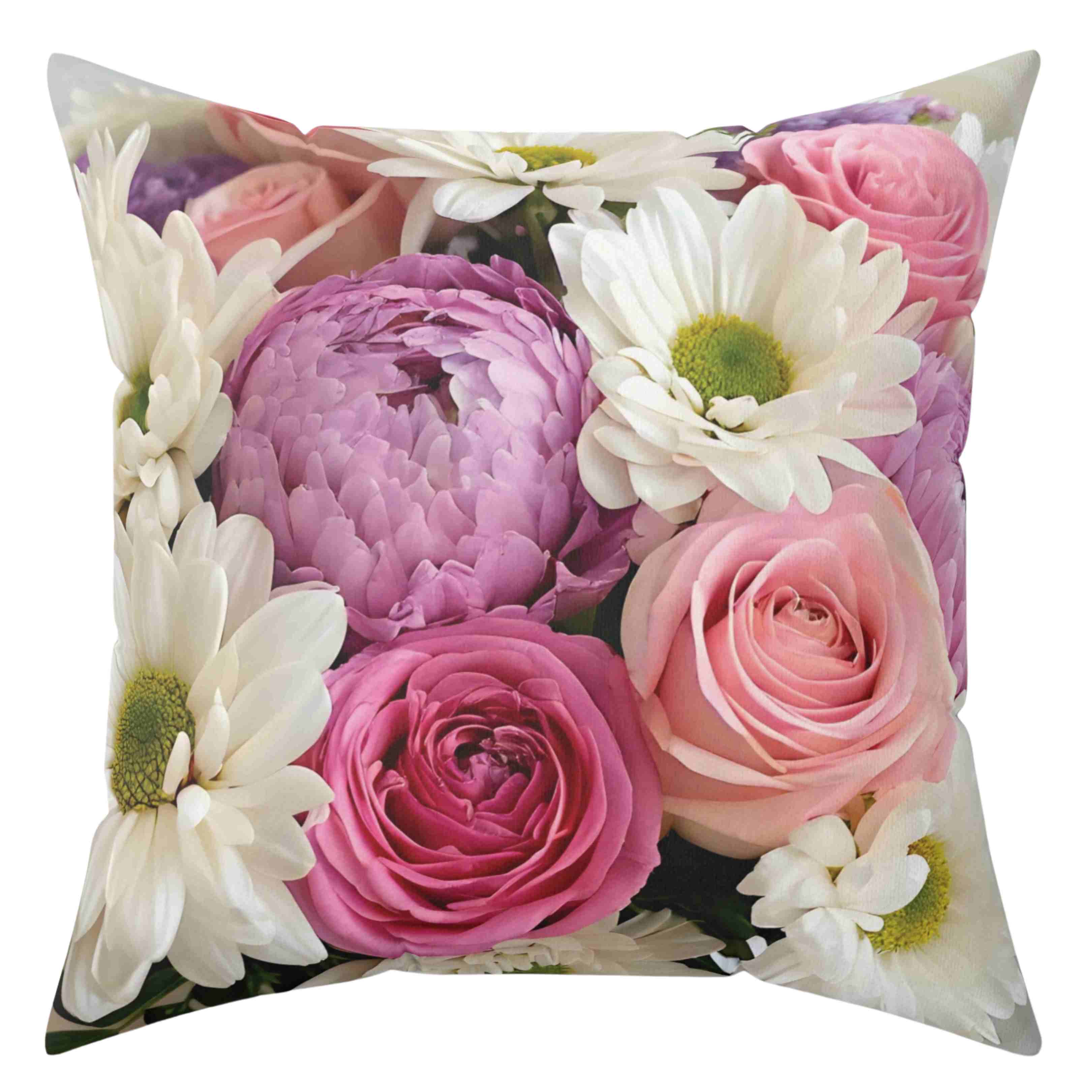 Fresh Roses, Peonies &amp; Daisies Pillow, Bright Floral Throw Cushion with Insert Cheerful Decorative Accent for Cozy, Elegant Home Décor product thumbnail image