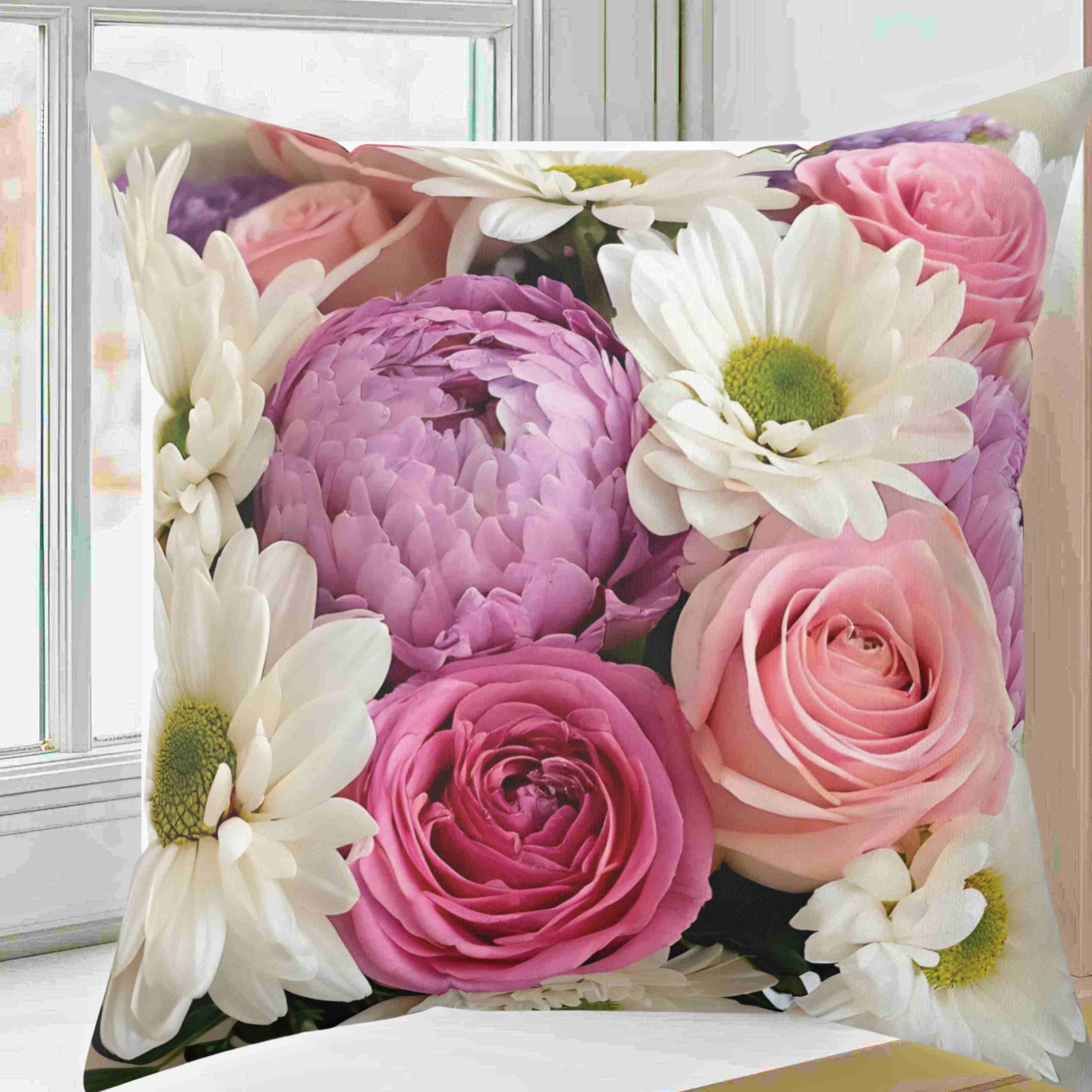 Fresh Roses, Peonies & Daisies Pillow, Bright Floral Throw Cushion with Insert Cheerful Decorative Accent for Cozy, Elegant Home Décor Fresh Roses, Peonies & Daisies Pillow, Bright Floral Throw Cushion with Insert Cheerful Decorative Accent for Cozy, Elegant Home Décor