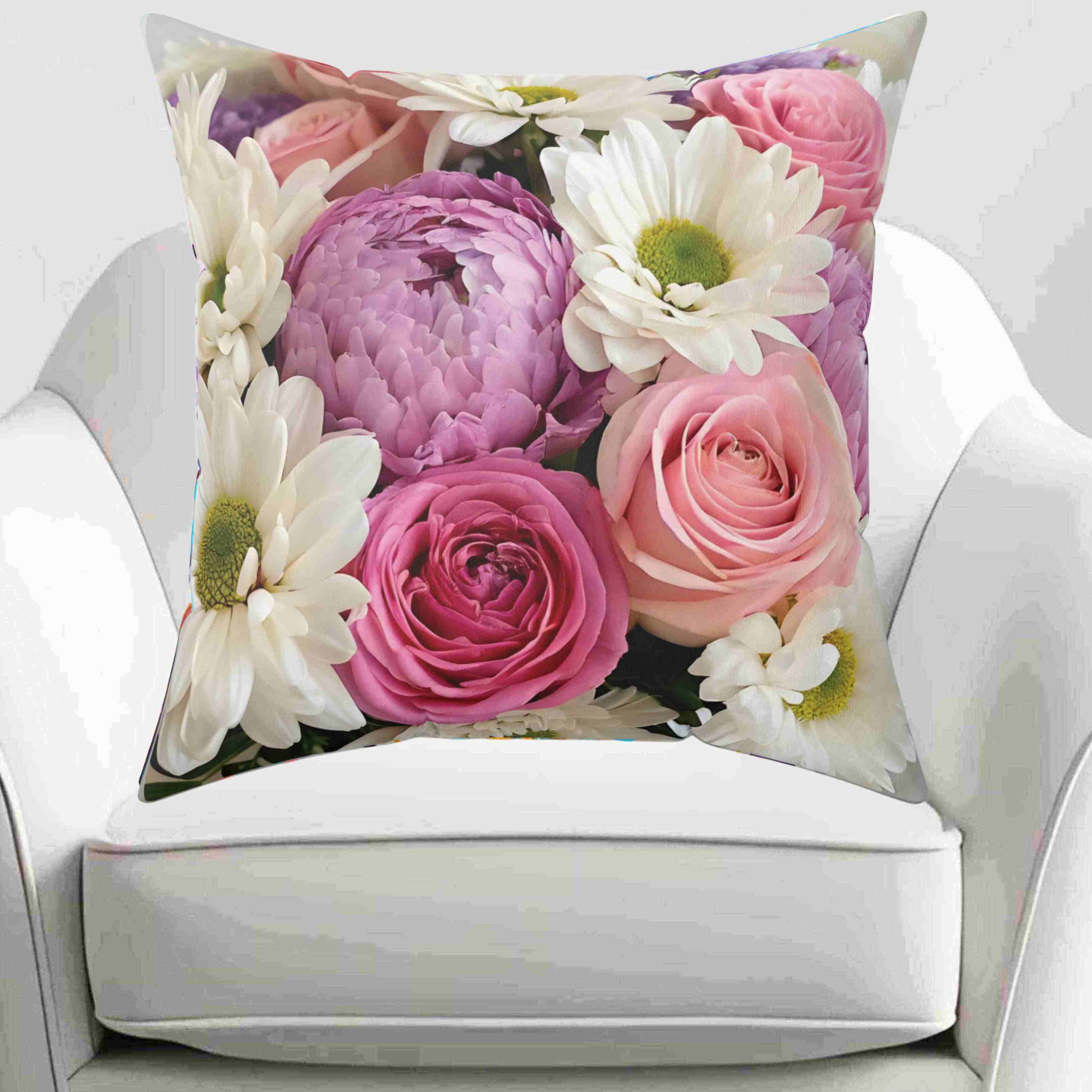 Fresh Roses, Peonies &amp; Daisies Pillow, Bright Floral Throw Cushion with Insert Cheerful Decorative Accent for Cozy, Elegant Home Décor product thumbnail image