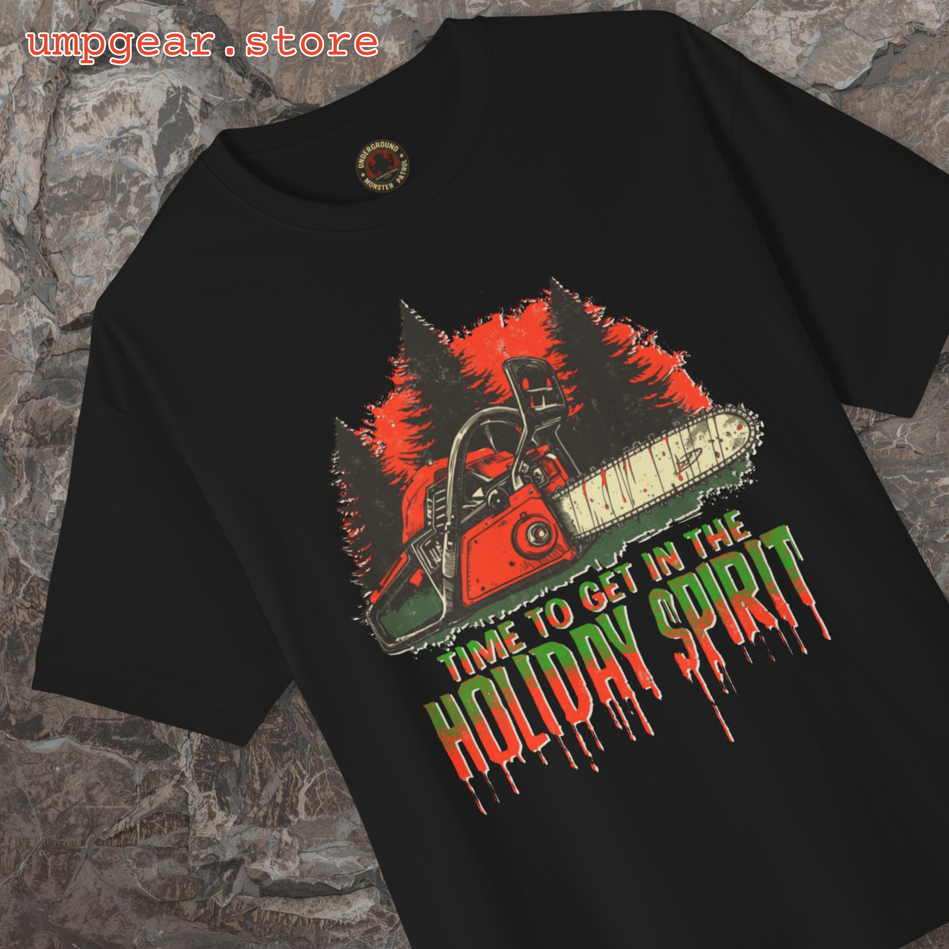 Holiday Spirit Chainsaw T‑Shirt — "Time to Get in the Holiday Spirit" Christmas Tee