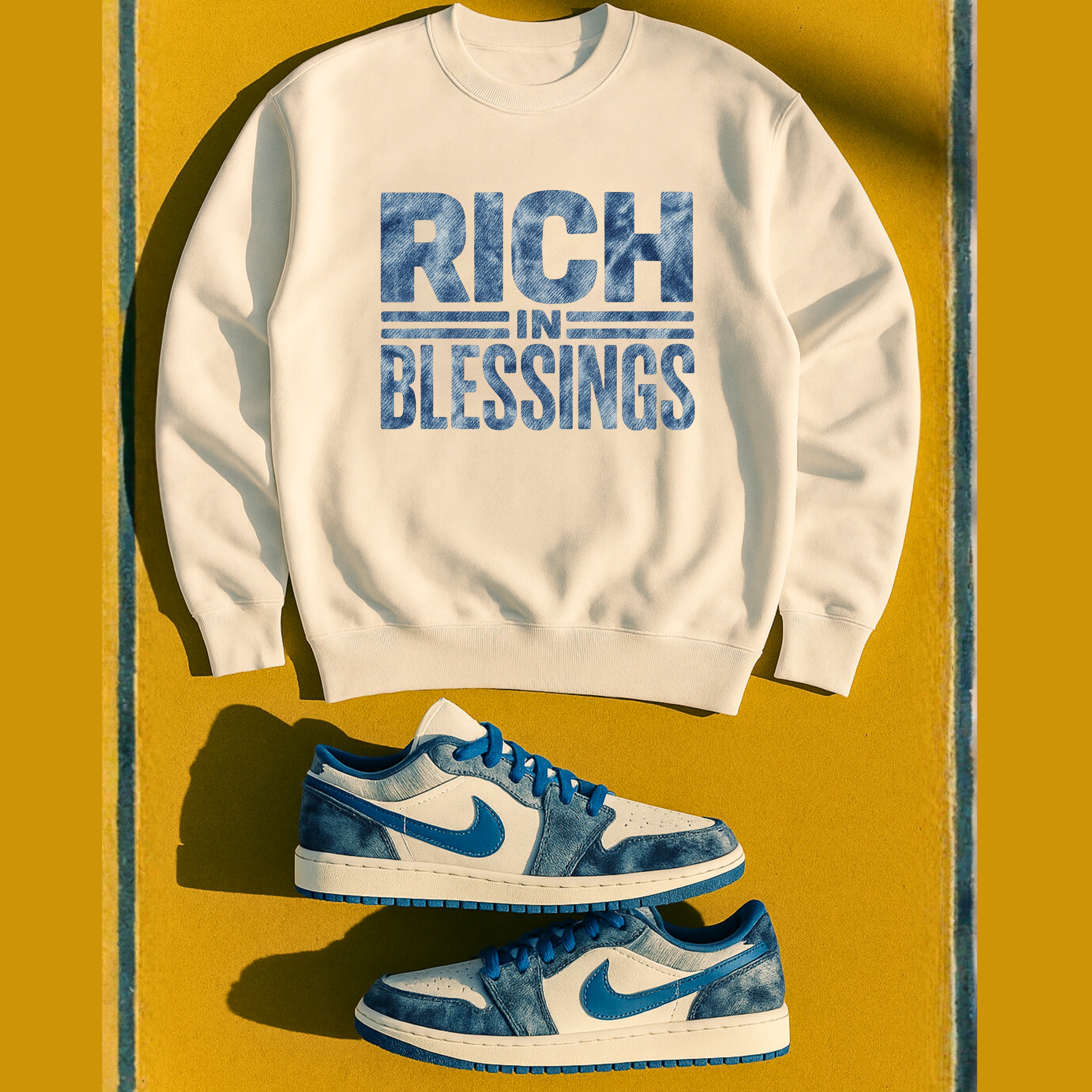 Unisex 'RICH IN BLESSING" Washed Denim/Artic White/Sweatshirt