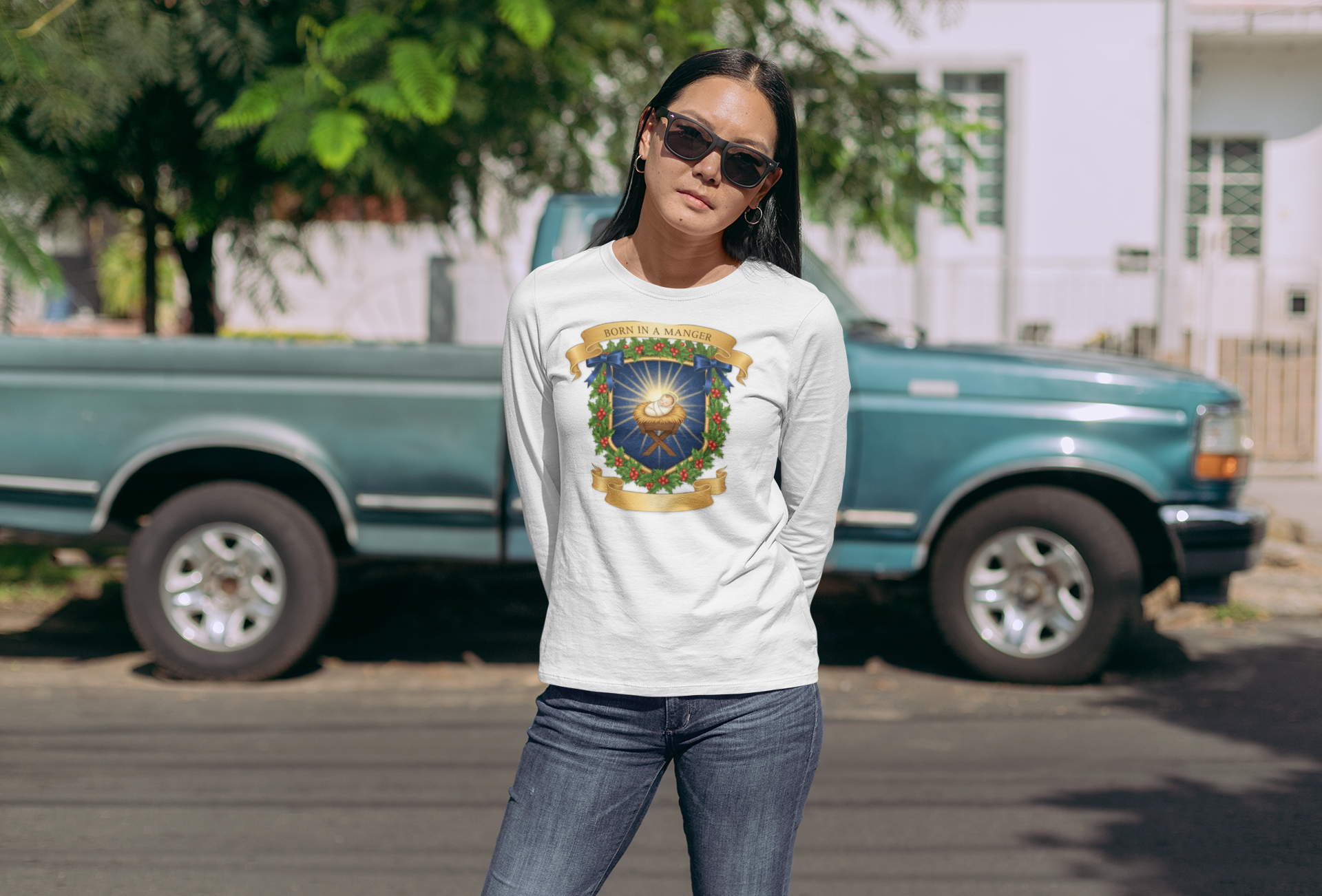 Born in a Manger Nativity Crest Long Sleeve Tee product thumbnail image