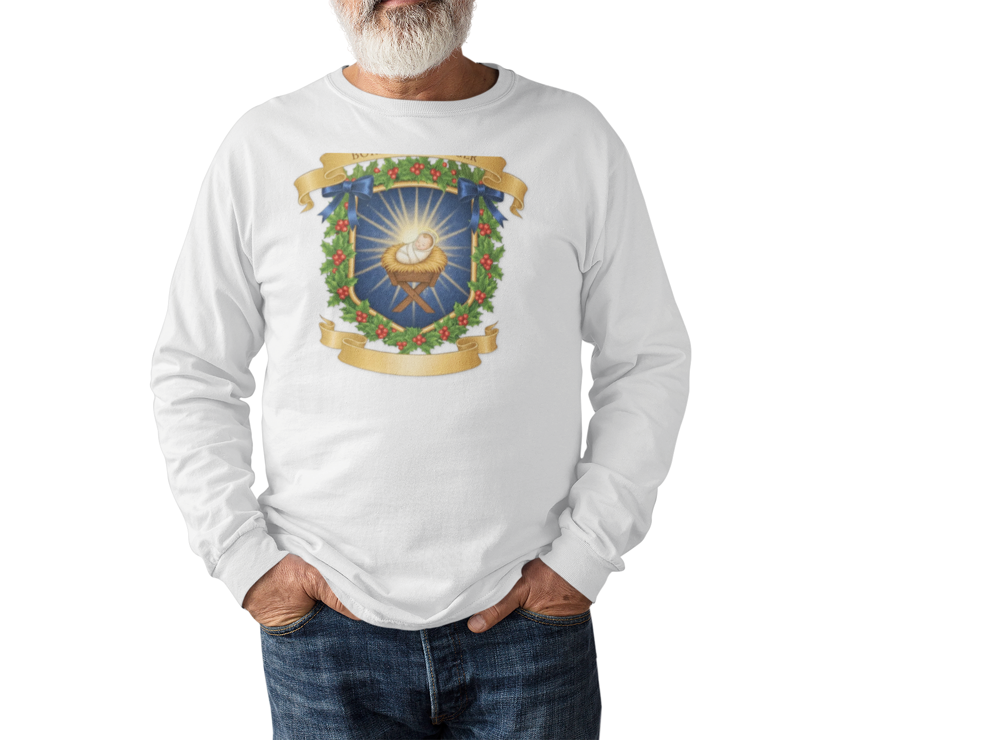 Born in a Manger Nativity Crest Long Sleeve Tee