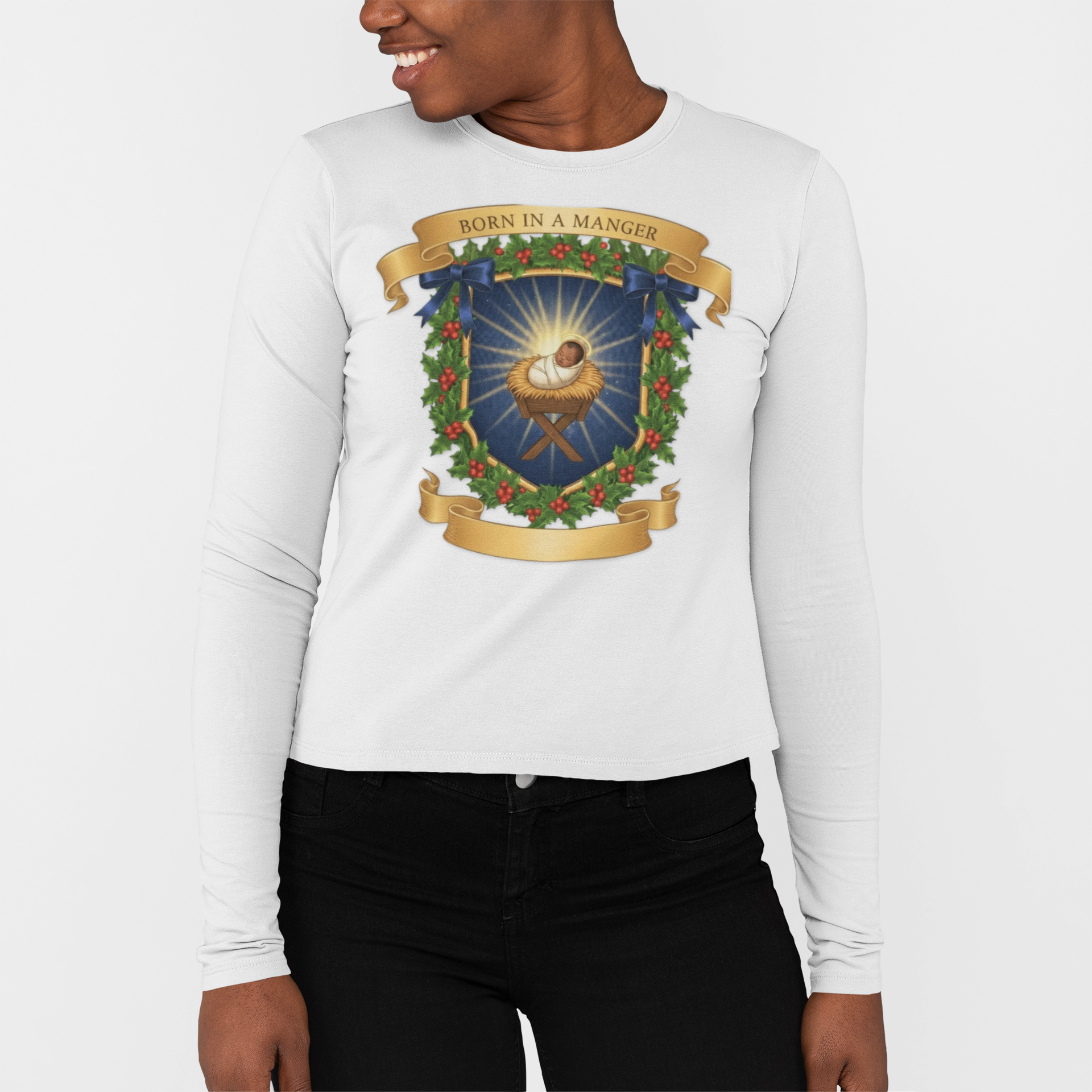 Born in a Manger Nativity Crest Long Sleeve Tee product thumbnail image Born in a Manger Nativity Crest Long Sleeve Tee product thumbnail image