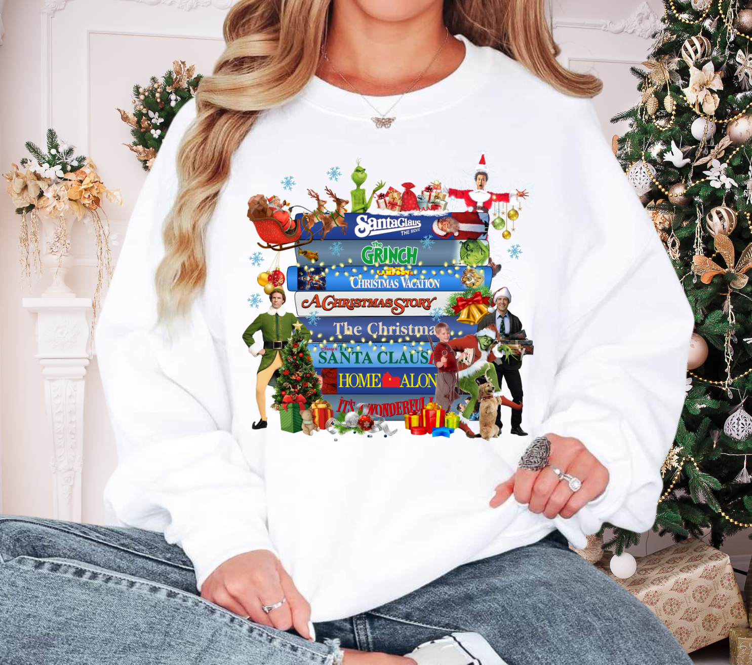 Christmas Movie Stack Crewneck Sweatshirt — Festive Holiday Film Design (Santa, Elf, Grinch) product thumbnail image