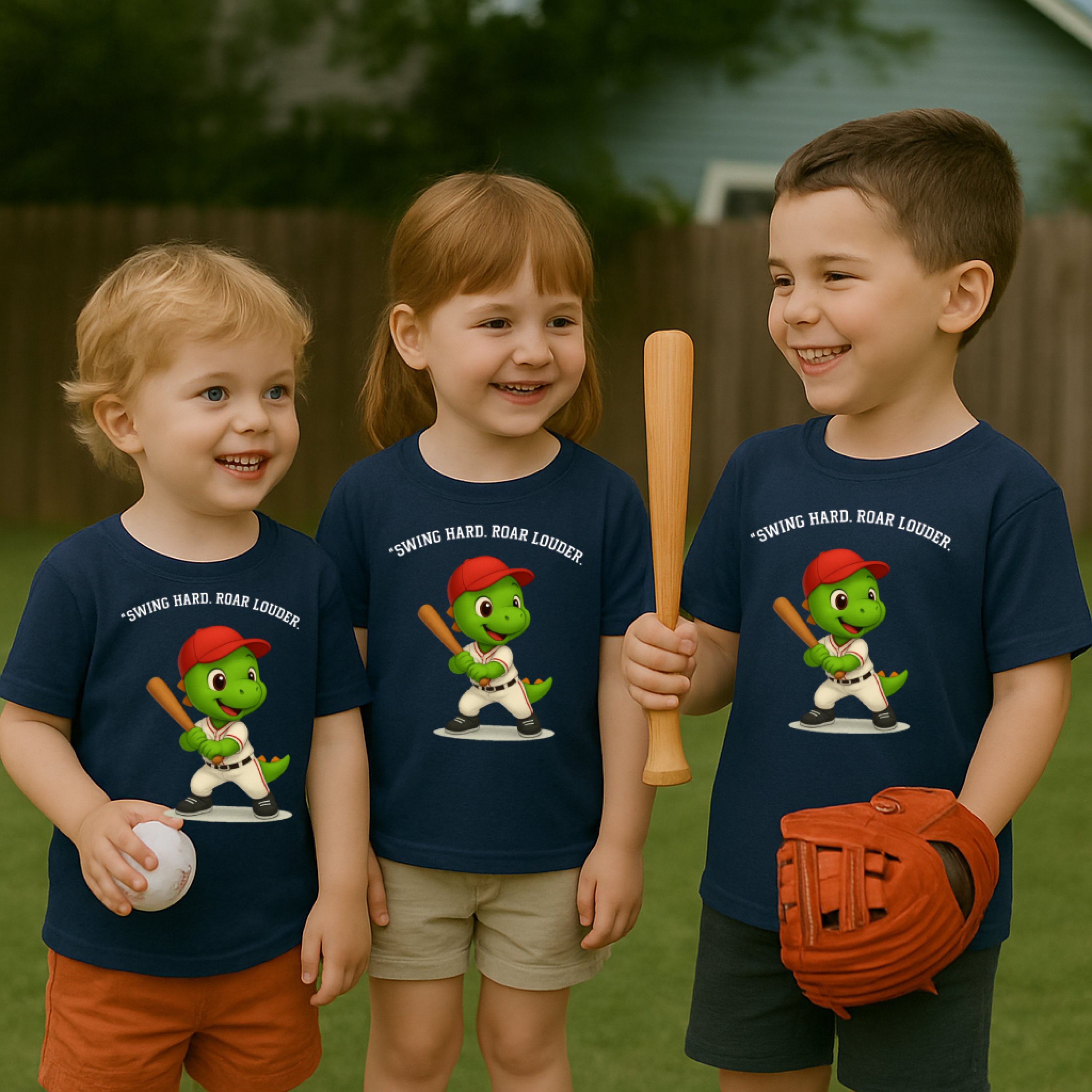 Toddler Tee — Cute Dino Baseball "Swing Hard, Roar Louder" ⚾🔥 product thumbnail image Toddler Tee — Cute Dino Baseball "Swing Hard, Roar Louder" ⚾🔥 product thumbnail image