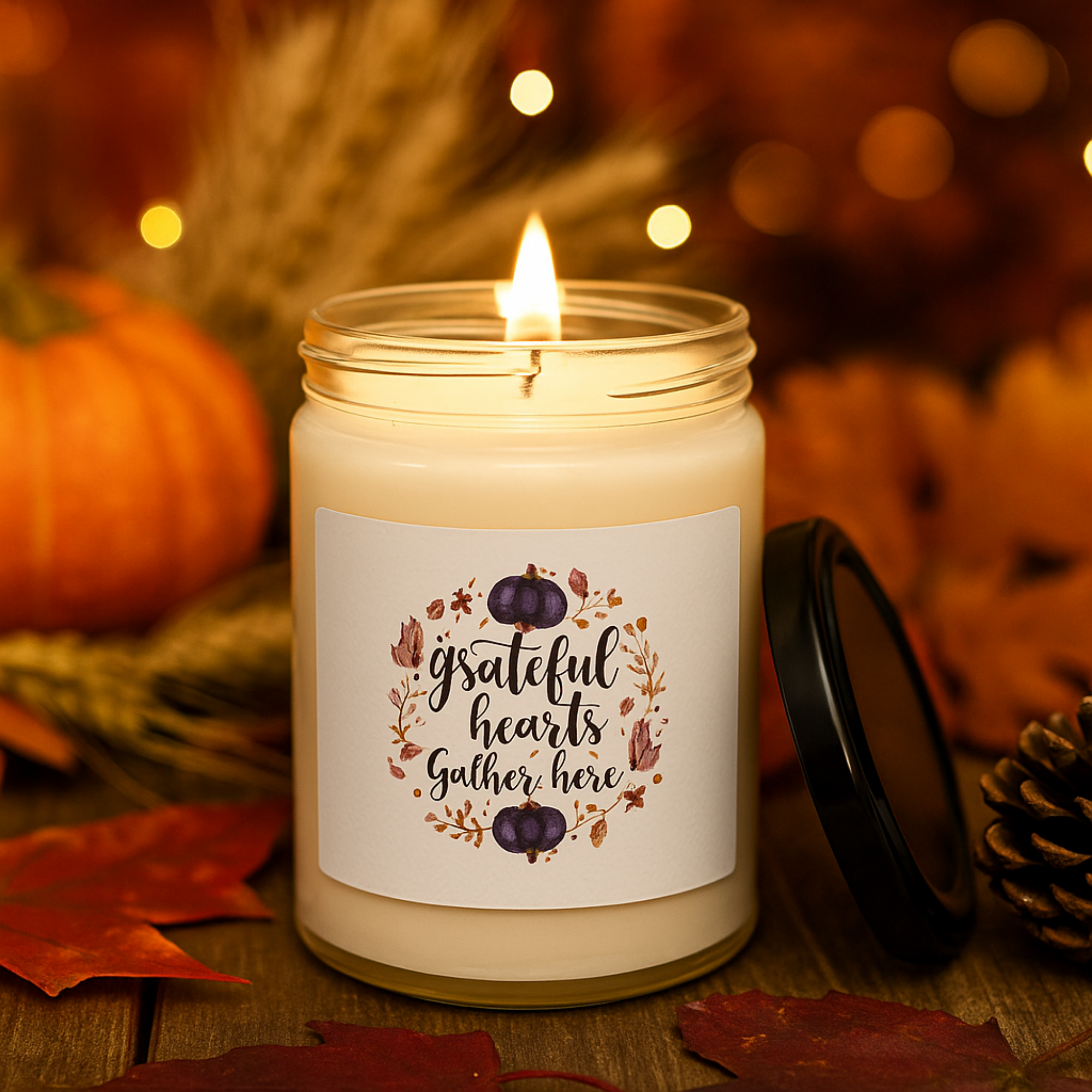 Grateful Hearts Gather Here Fall Candle Thanksgiving Pumpkin Soy Candle Gift Cozy Autumn Decor Rustic Harvest Scented Candle 9oz product thumbnail image
