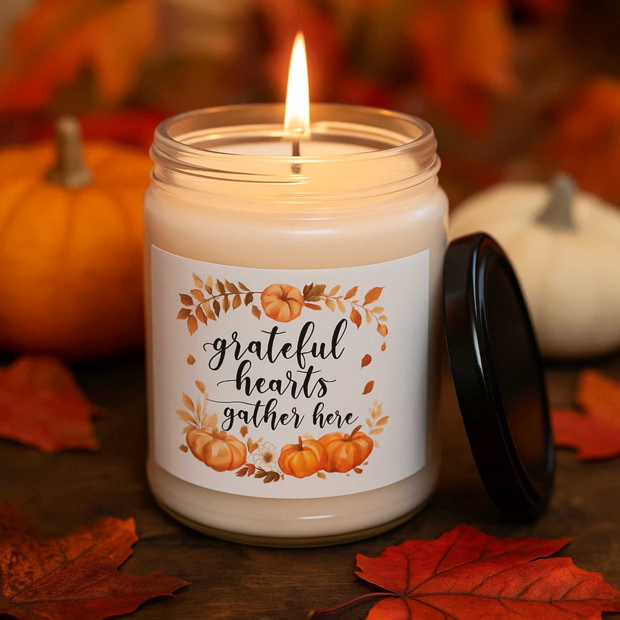 Grateful Hearts Gather Here Fall Candle Thanksgiving Pumpkin Soy Candle Gift Cozy Autumn Decor Rustic Harvest Scented Candle 9oz product thumbnail image