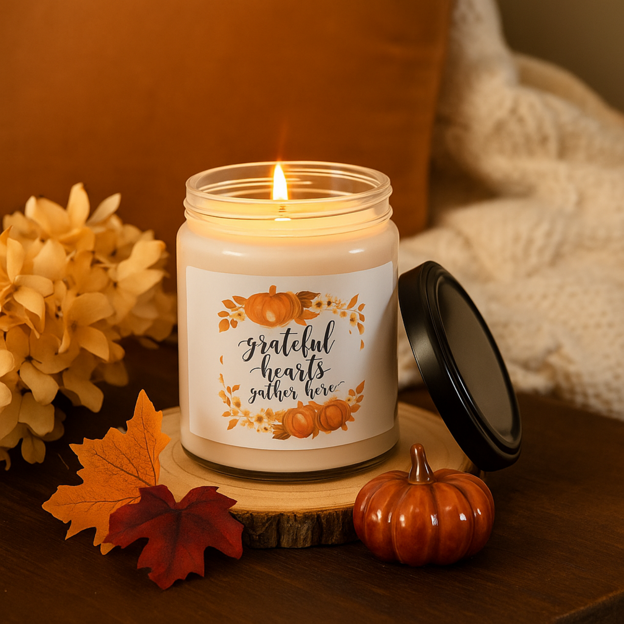 Grateful Hearts Gather Here Fall Candle Thanksgiving Pumpkin Soy Candle Gift Cozy Autumn Decor Rustic Harvest Scented Candle 9oz product thumbnail image