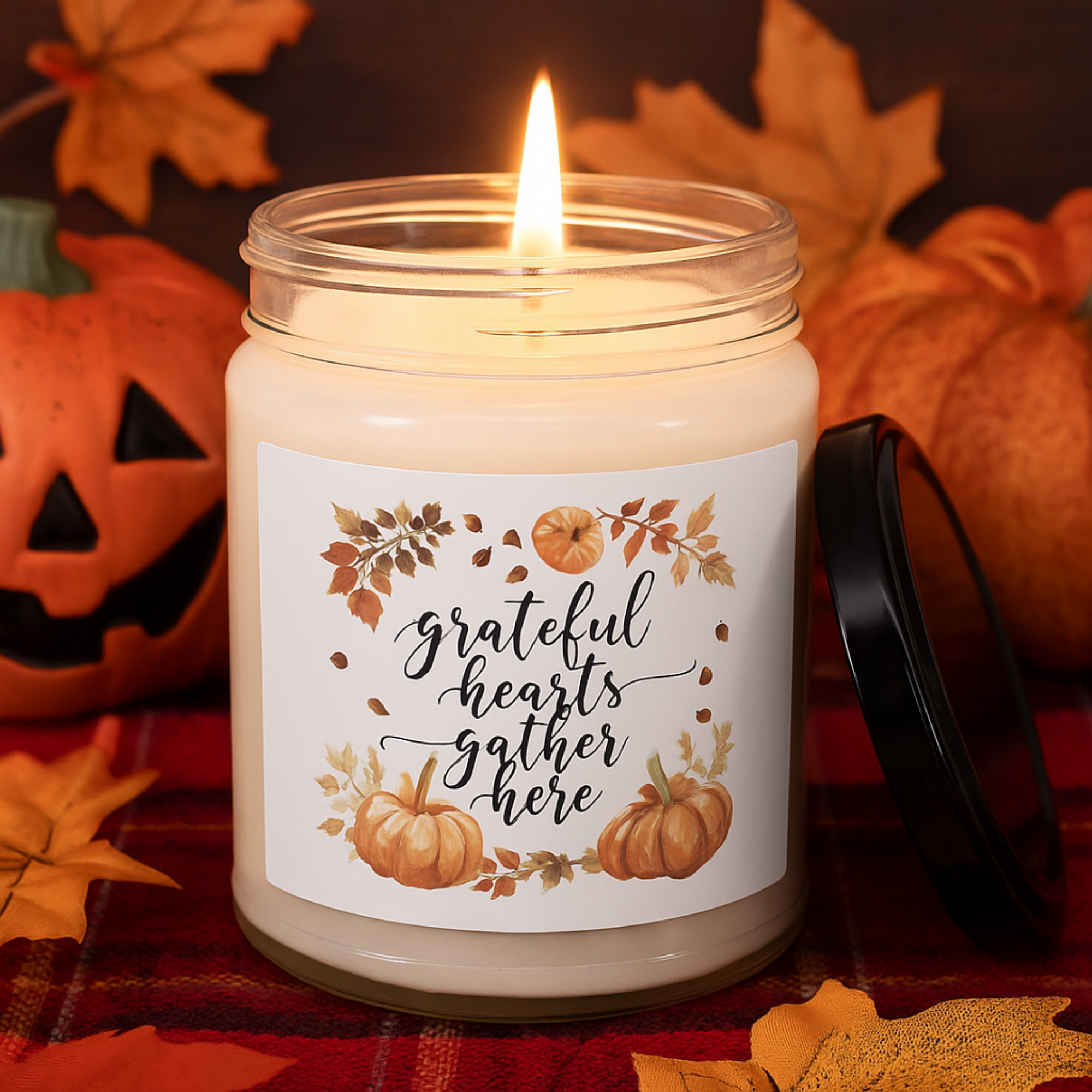 Grateful Hearts Gather Here Fall Candle Thanksgiving Pumpkin Soy Candle Gift Cozy Autumn Decor Rustic Harvest Scented Candle 9oz product thumbnail image