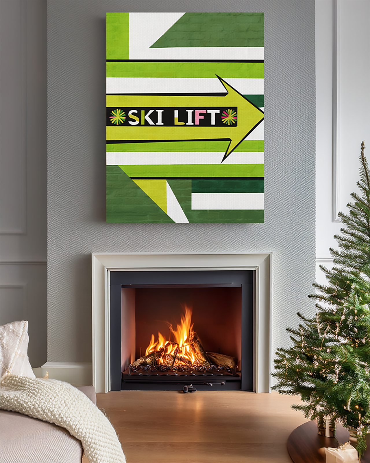 Ski Lift Arrow Retro Canvas Wall Art in Green — Vintage Ski Lodge Decor product thumbnail image