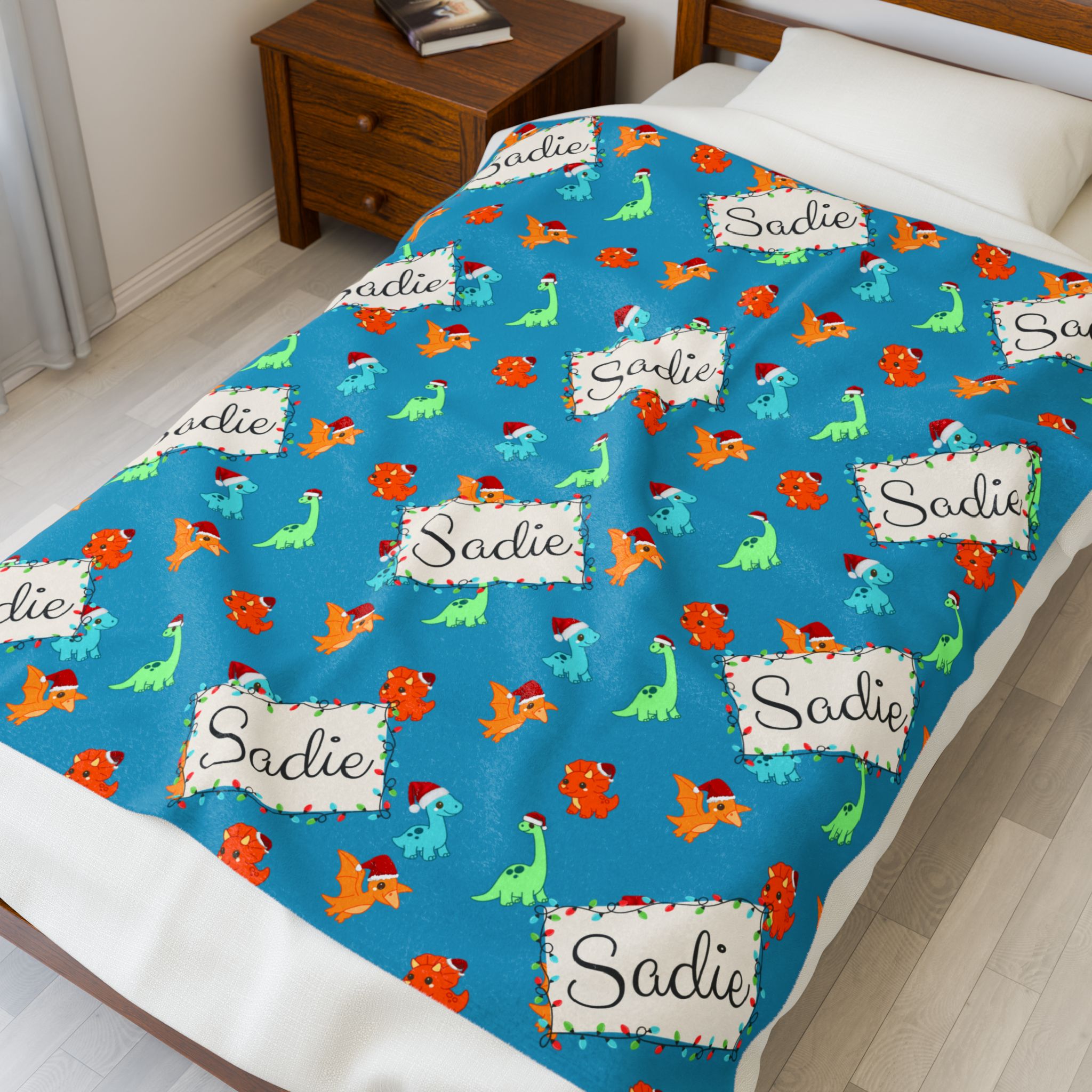 Personalized Christmas Dinosaur Velveteen Blanket, Custom Holiday Throw, Festive Dino Blanket, Custom Name Throw, Christmas Plush Blanket