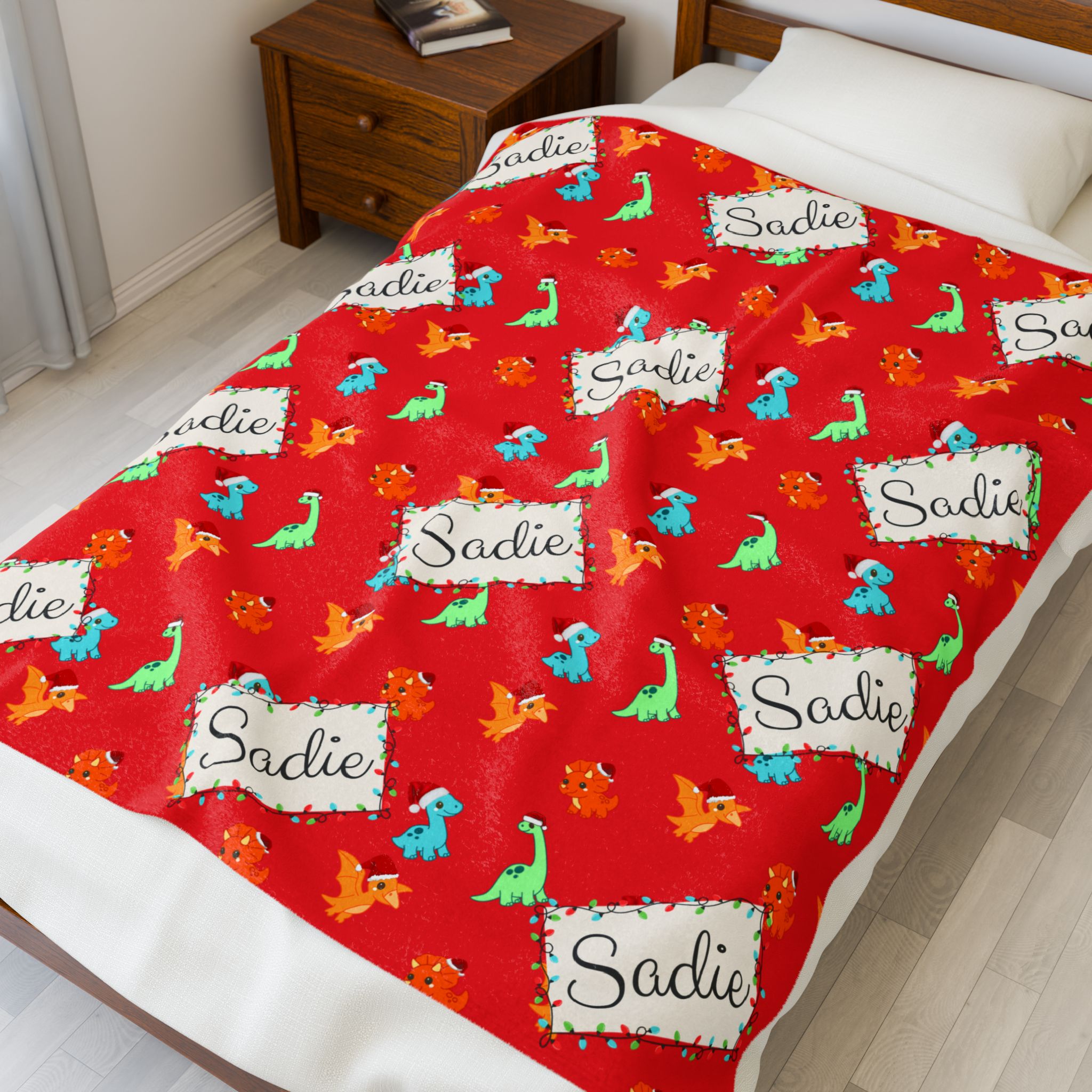 Personalized Christmas Dinosaur Velveteen Blanket, Custom Holiday Throw, Festive Dino Blanket, Custom Name Throw, Christmas Plush Blanket product thumbnail image