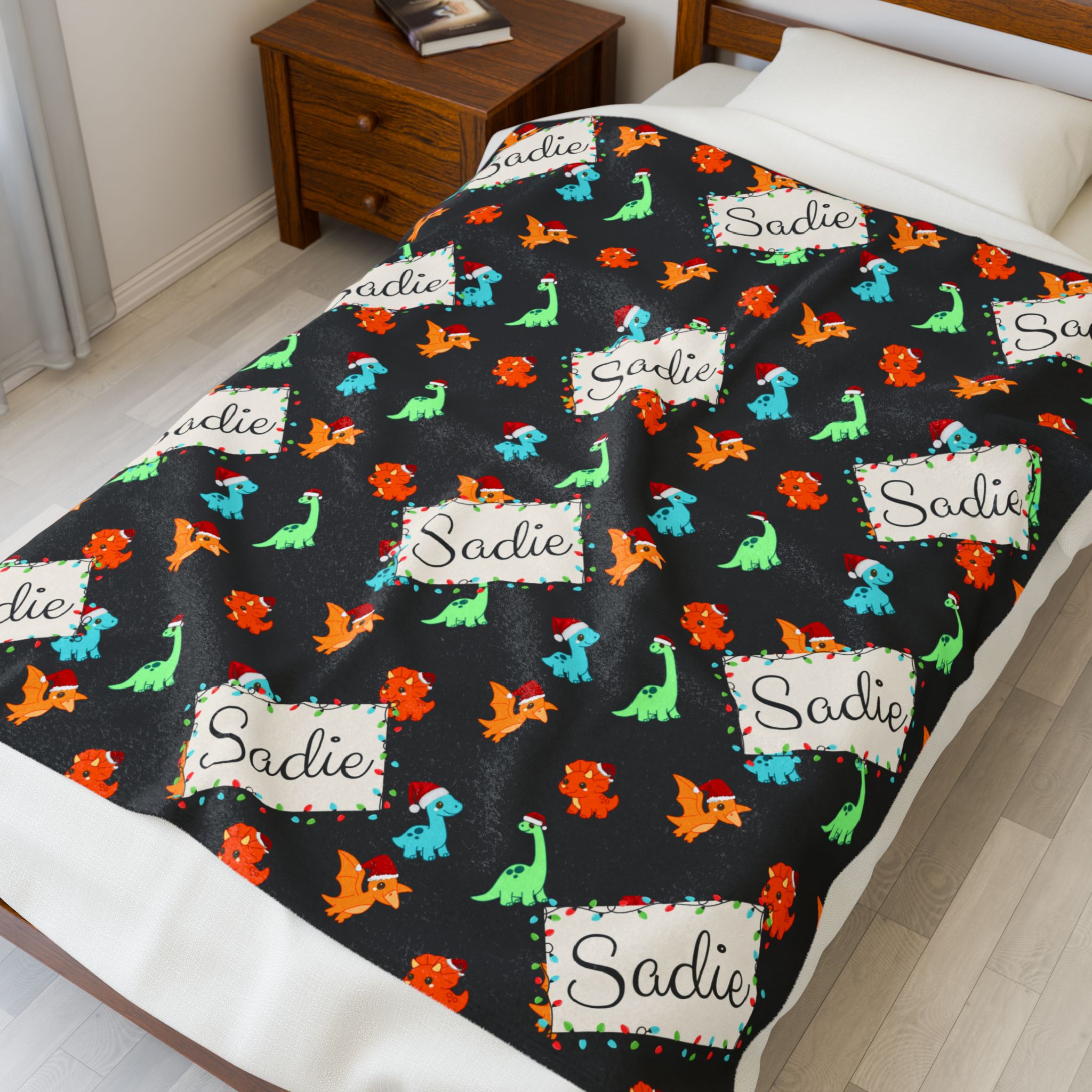 Personalized Christmas Dinosaur Velveteen Blanket, Custom Holiday Throw, Festive Dino Blanket, Custom Name Throw, Christmas Plush Blanket product thumbnail image