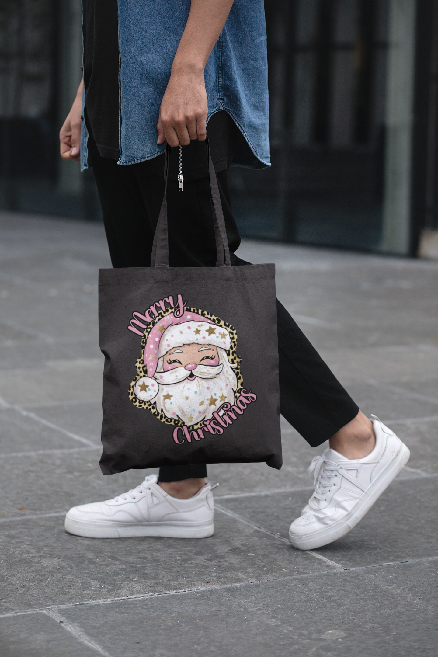 Pink &amp; Leopard Santa Tote Bag — Trendy Christmas Gift Bag | Reusable Holiday Tote product thumbnail image