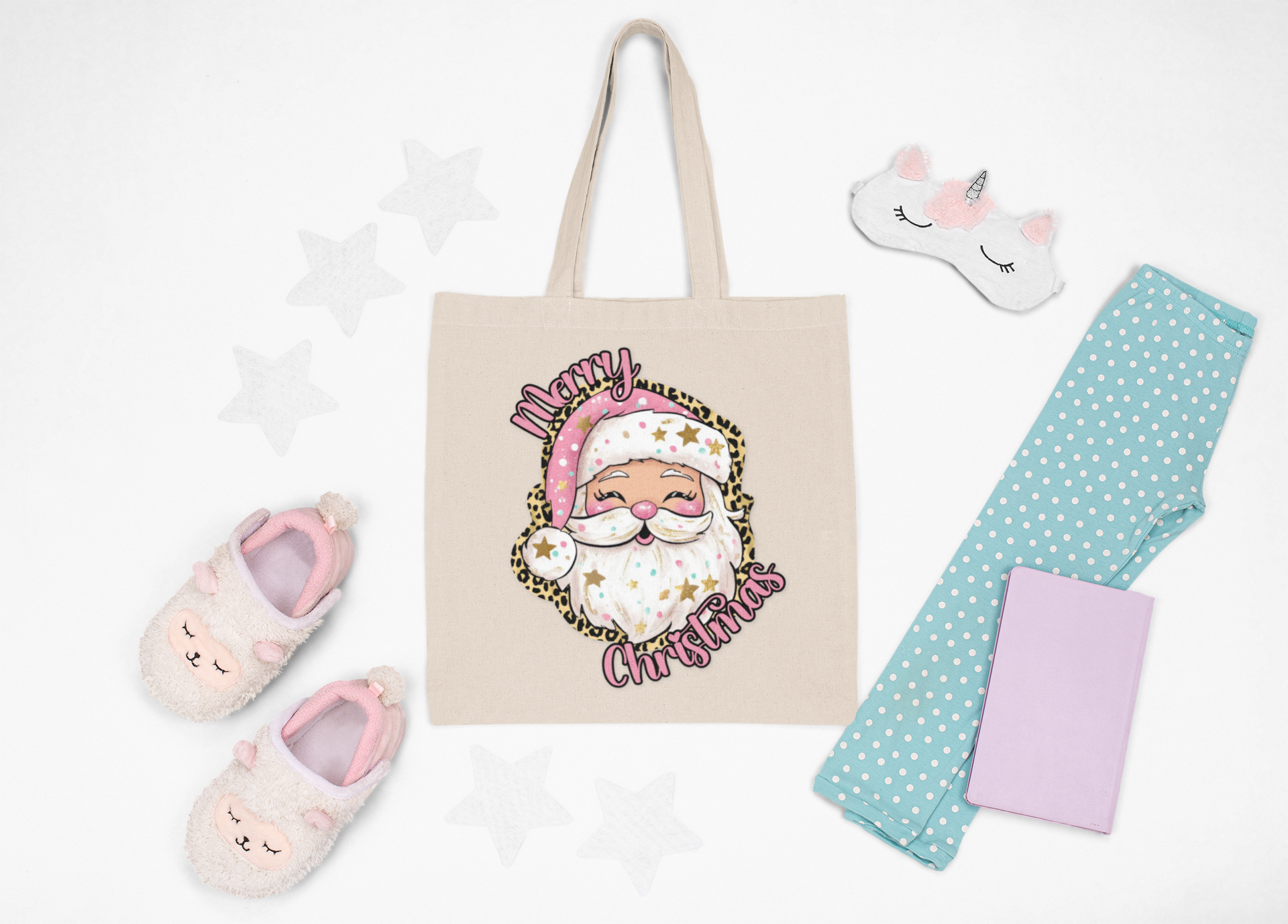 Pink &amp; Leopard Santa Tote Bag — Trendy Christmas Gift Bag | Reusable Holiday Tote product thumbnail image