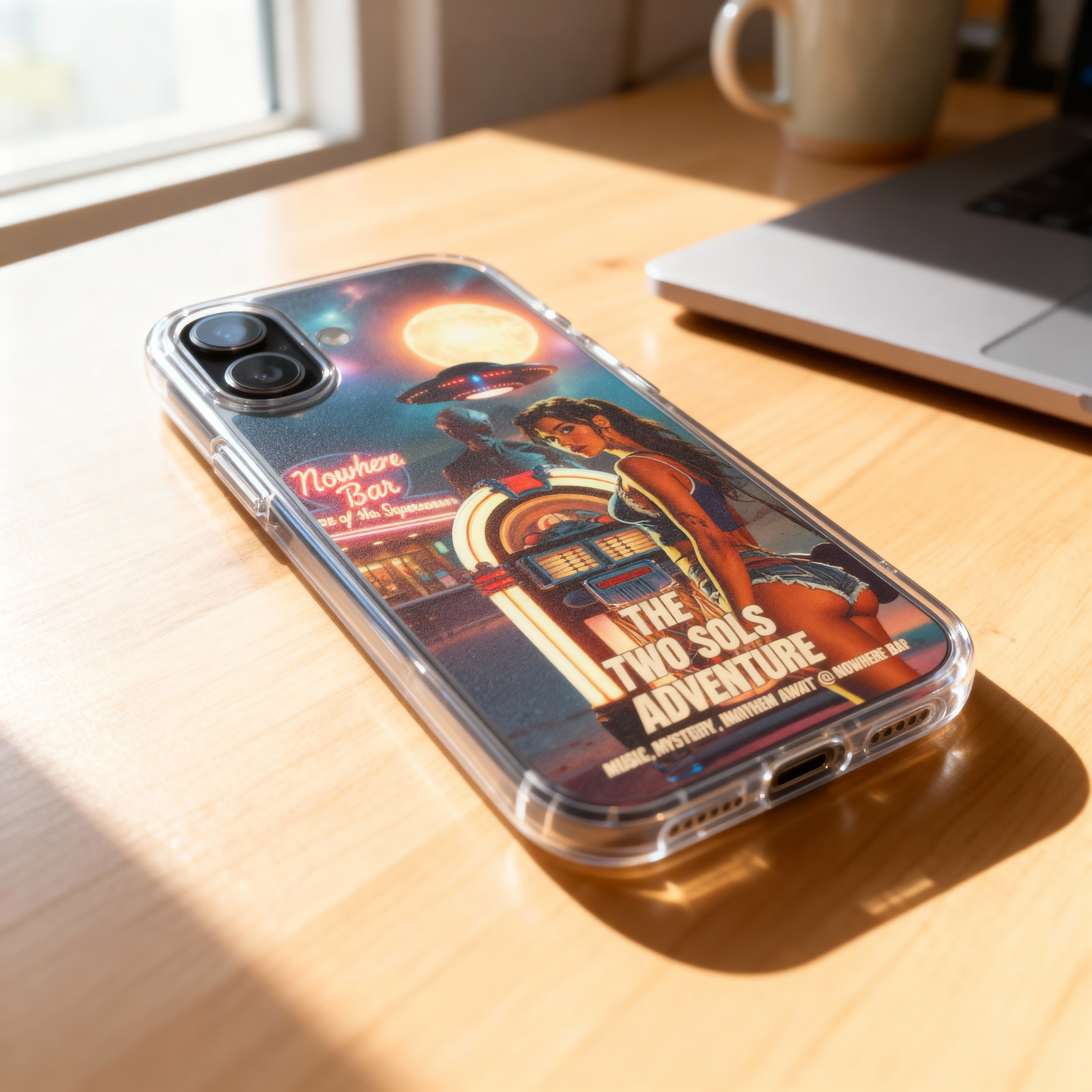 Retro Sci-Fi Phone Case for iPhone – Luna: Medium Whisperer of the Frequency – MagSafe Ready, Cosmic Jukebox, UFO, Vintage Movie Poster Pin-Up Art, Two Sols Adventure, Nowhere Bar Design product thumbnail image Retro Sci-Fi Phone Case for iPhone – Luna: Medium Whisperer of the Frequency – MagSafe Ready, Cosmic Jukebox, UFO, Vintage Movie Poster Pin-Up Art, Two Sols Adventure, Nowhere Bar Design product thumbnail image