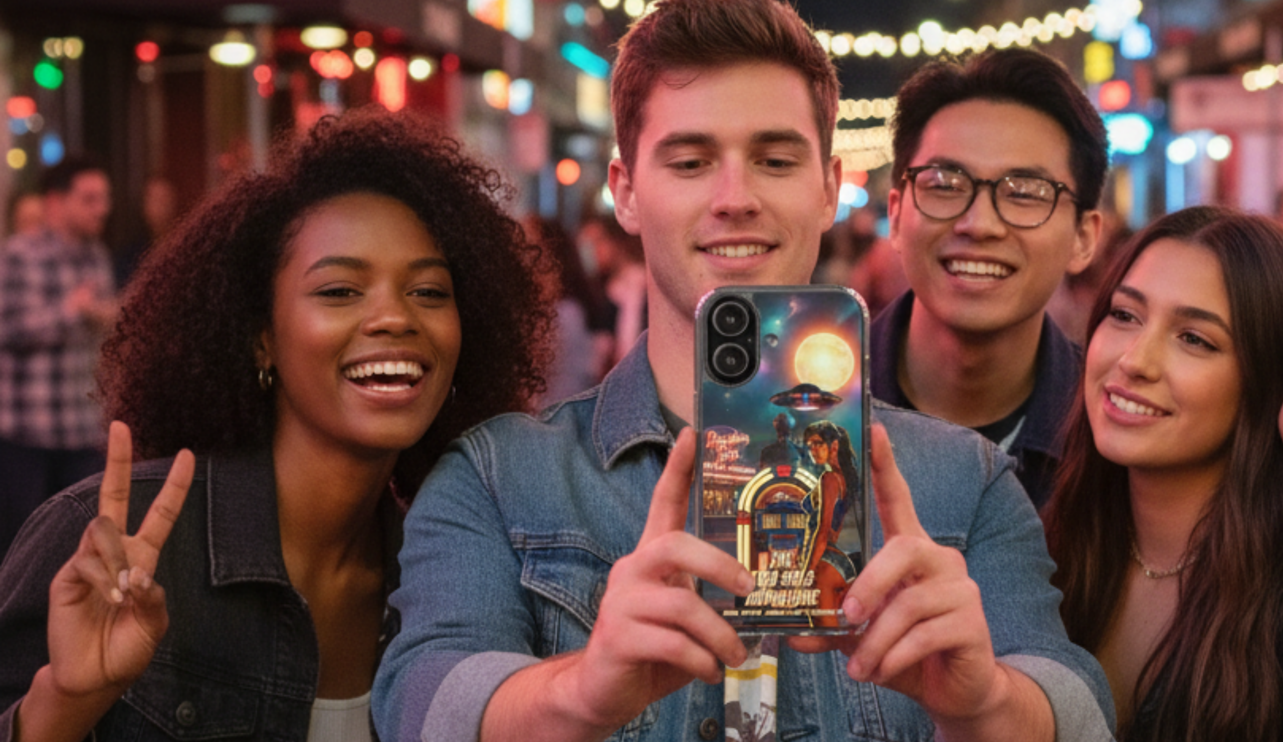 Retro Sci-Fi Phone Case for iPhone – Luna: Medium Whisperer of the Frequency – MagSafe Ready, Cosmic Jukebox, UFO, Vintage Movie Poster Pin-Up Art, Two Sols Adventure, Nowhere Bar Design product thumbnail image Retro Sci-Fi Phone Case for iPhone – Luna: Medium Whisperer of the Frequency – MagSafe Ready, Cosmic Jukebox, UFO, Vintage Movie Poster Pin-Up Art, Two Sols Adventure, Nowhere Bar Design product thumbnail image