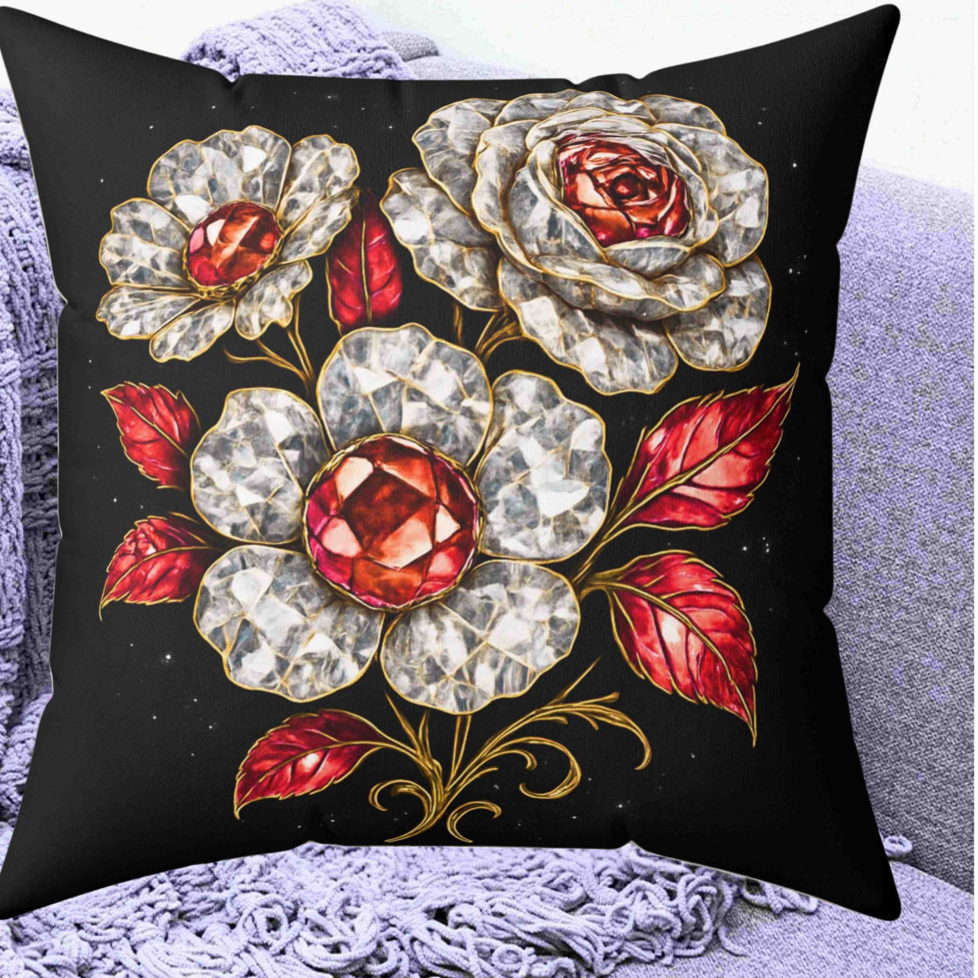 Vintage Jeweled diamonds and Rubies on Roses Pillow | Decorative Square Pillow product thumbnail image