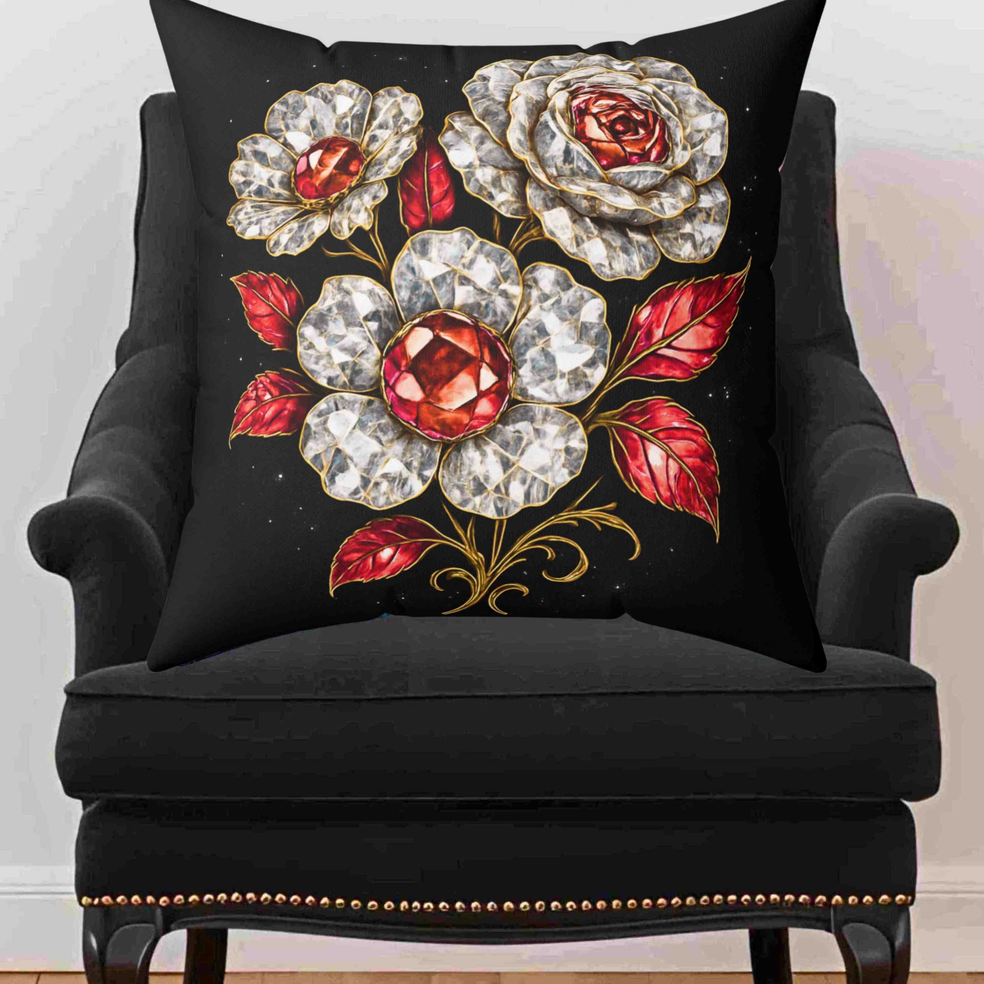 Vintage Jeweled diamonds and Rubies on Roses Pillow | Decorative Square Pillow product thumbnail image