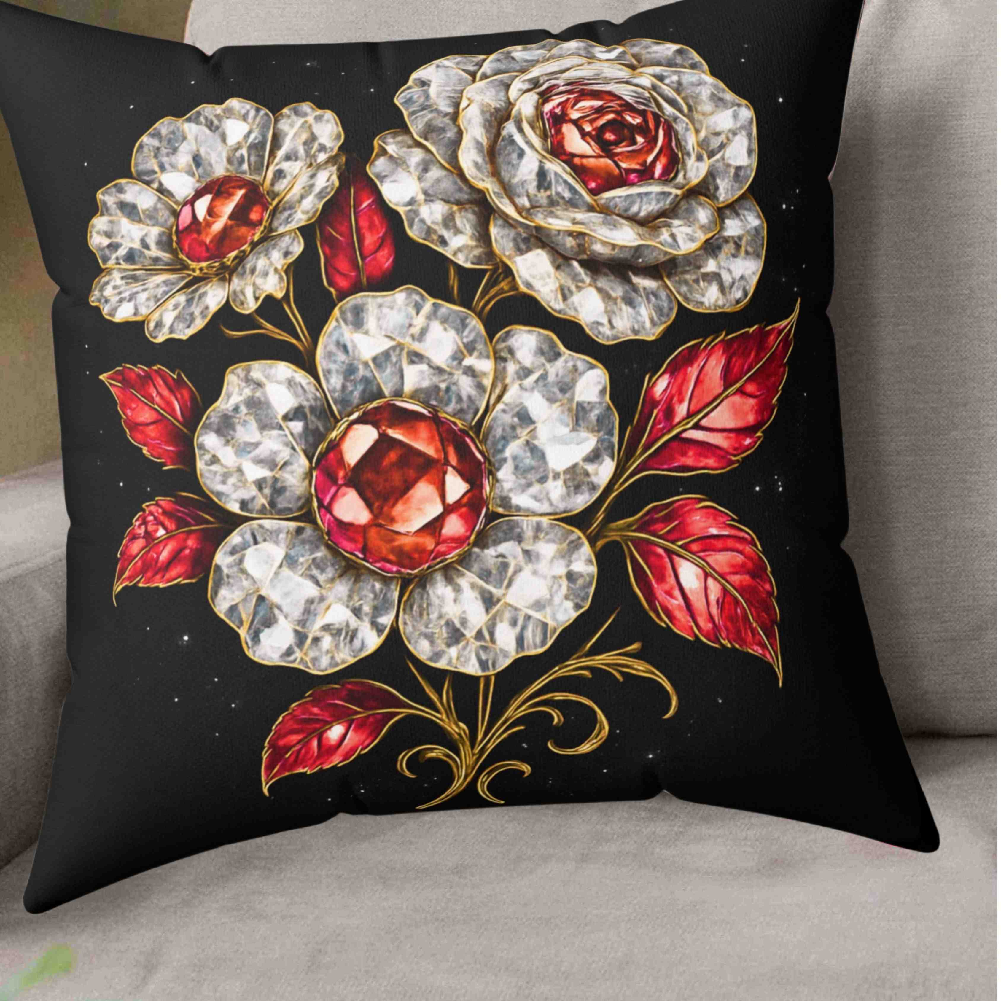 Vintage Jeweled diamonds and Rubies on Roses Pillow | Decorative Square Pillow product thumbnail image
