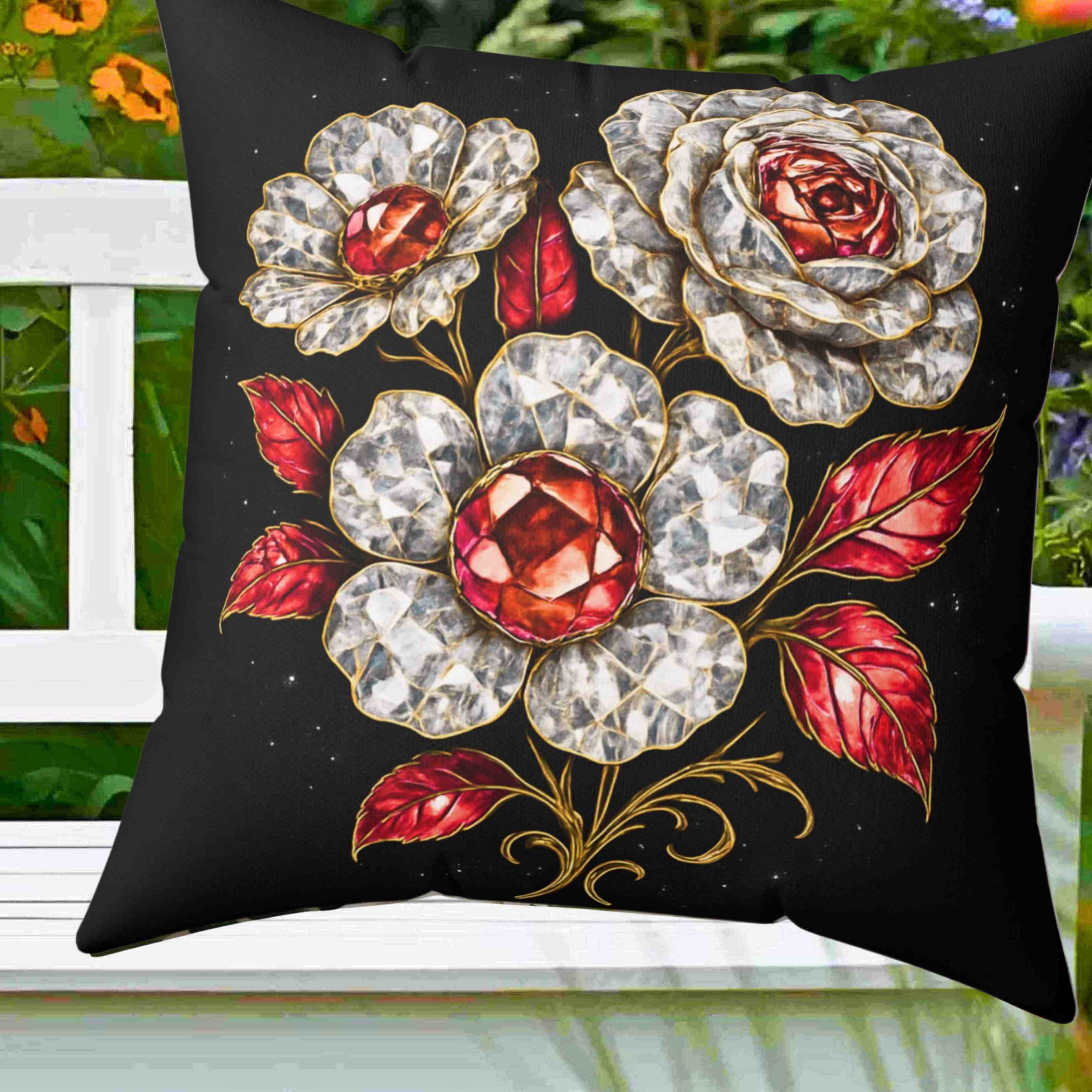 Vintage Jeweled diamonds and Rubies on Roses Pillow | Decorative Square Pillow product thumbnail image