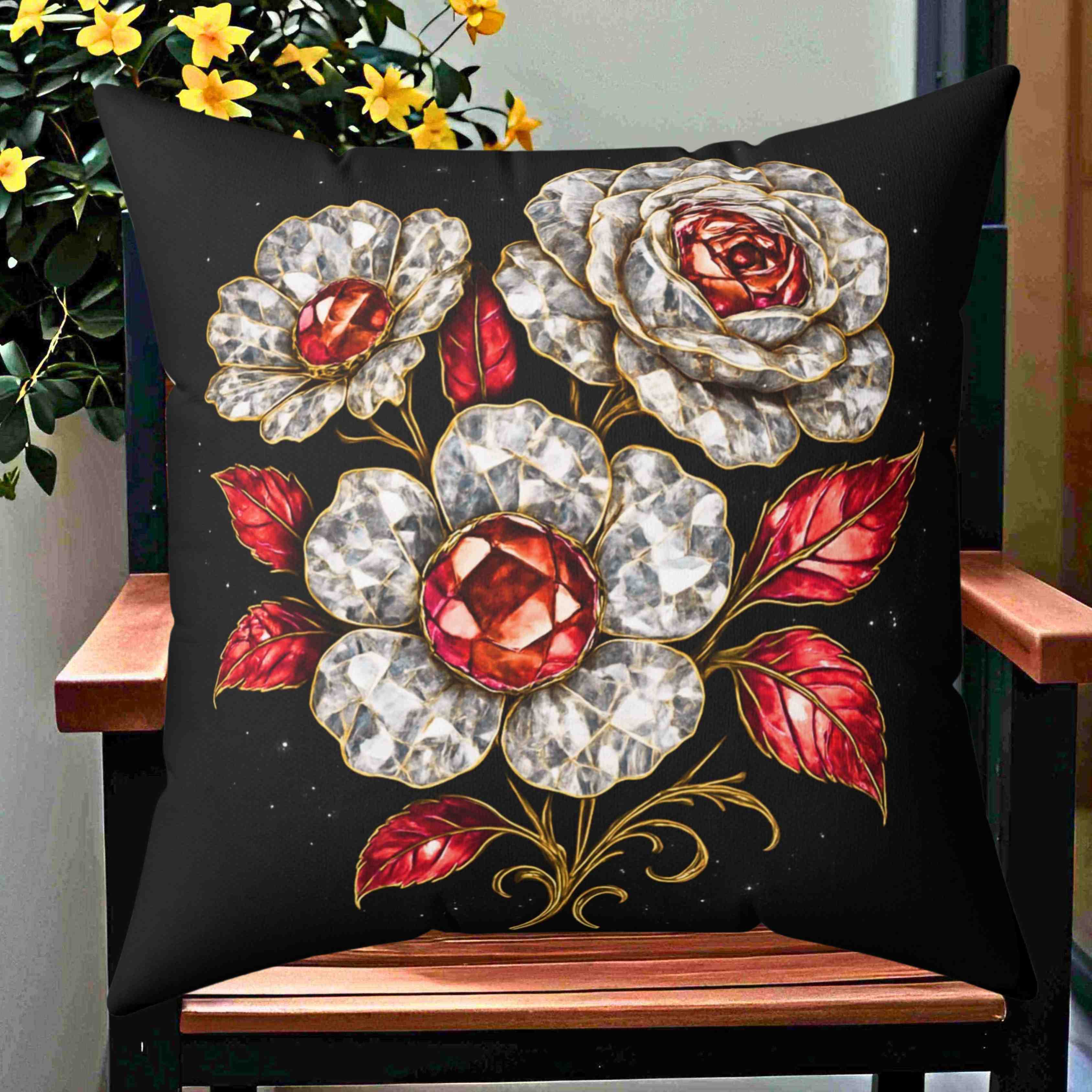 Vintage Jeweled diamonds and Rubies on Roses Pillow | Decorative Square Pillow product thumbnail image
