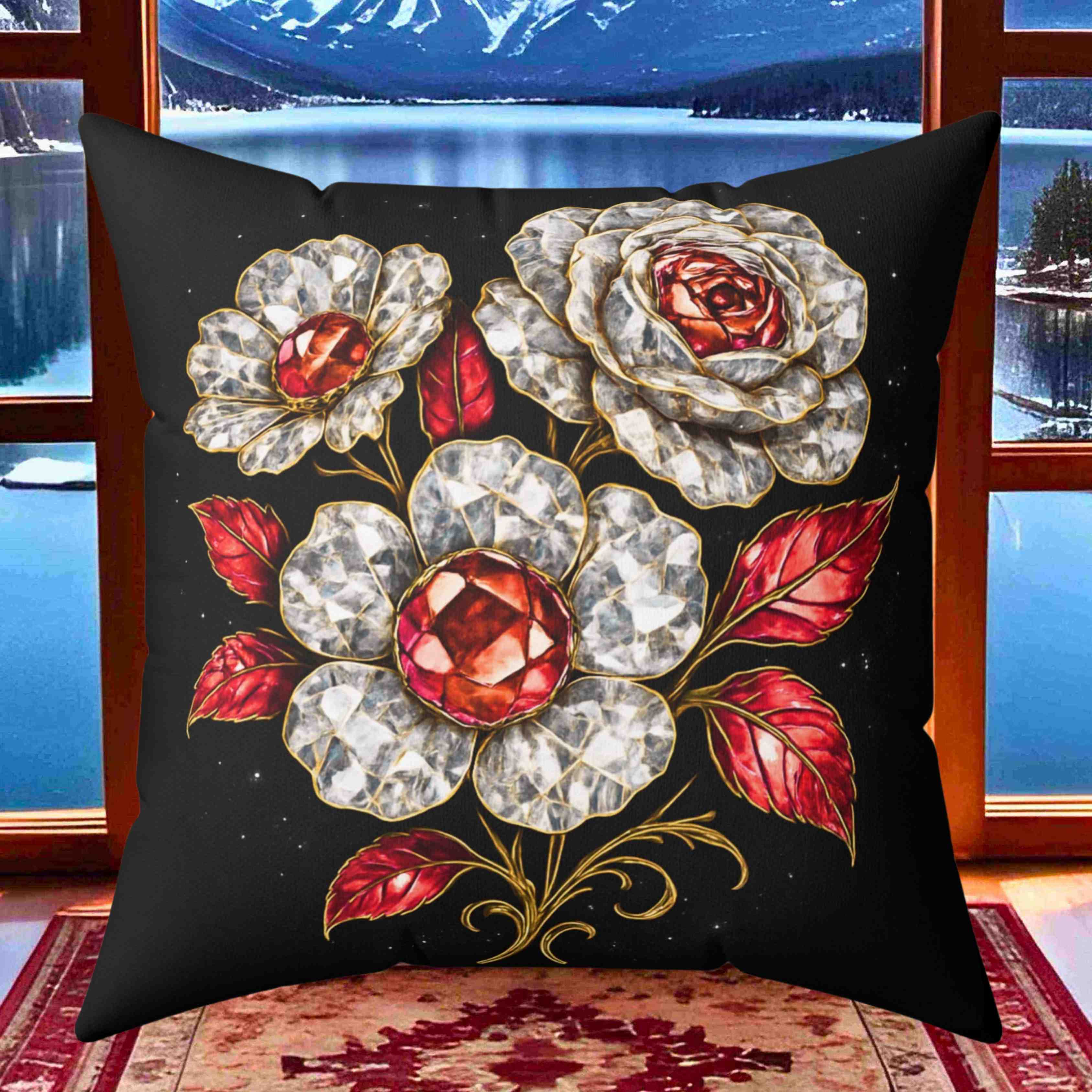 Vintage Jeweled diamonds and Rubies on Roses Pillow | Decorative Square Pillow product thumbnail image