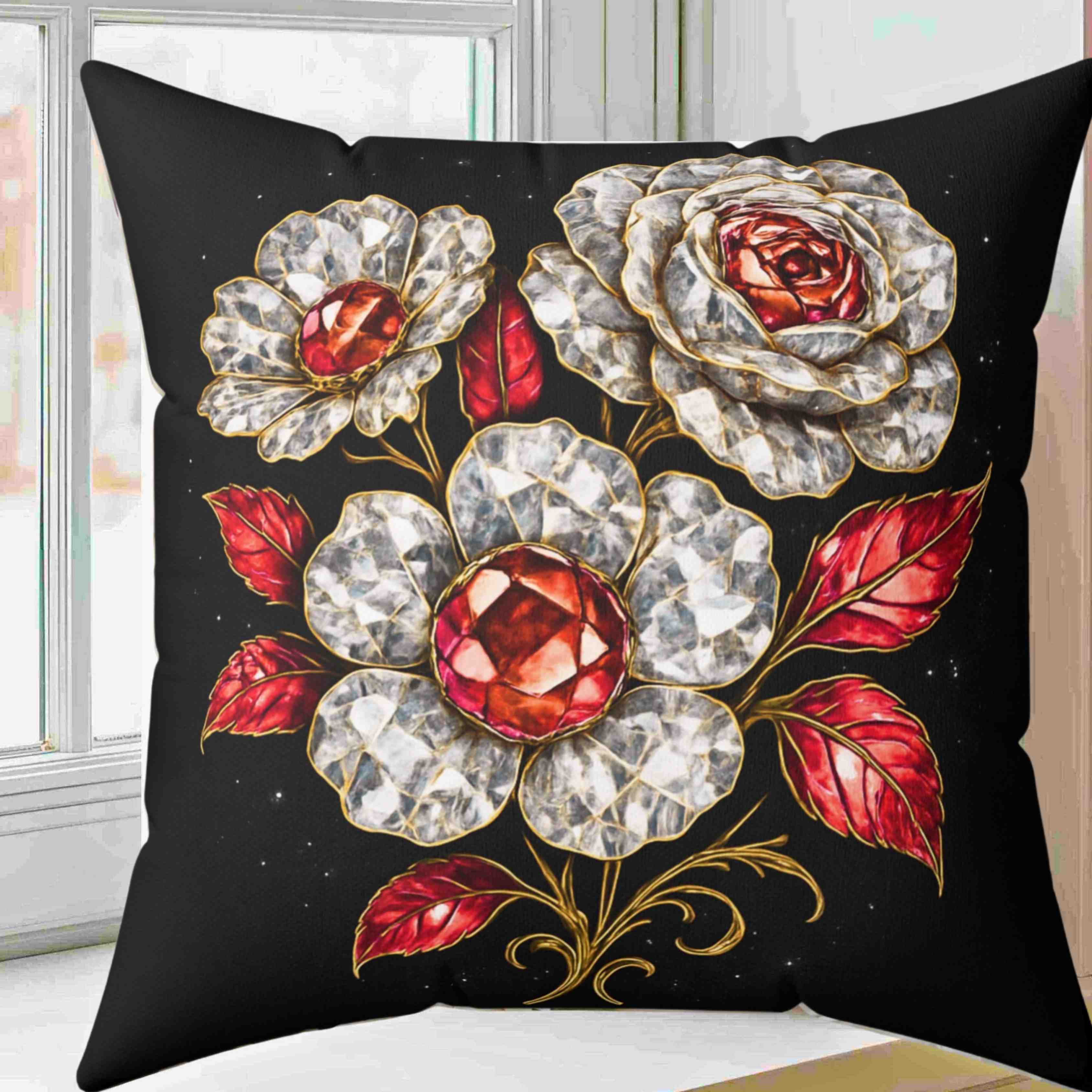 Vintage Jeweled diamonds and Rubies on Roses Pillow | Decorative Square Pillow Vintage Jeweled diamonds and Rubies on Roses Pillow | Decorative Square Pillow