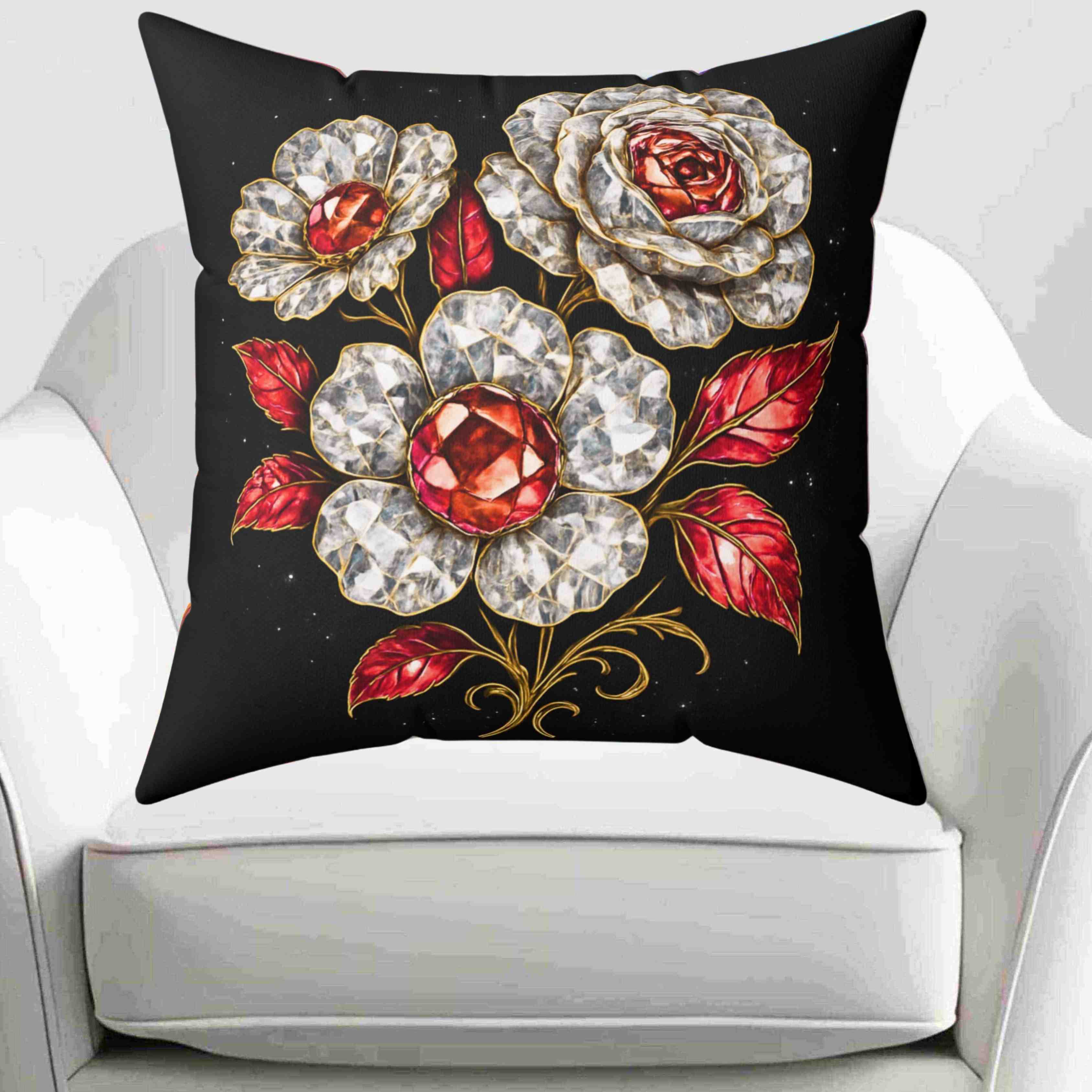 Vintage Jeweled diamonds and Rubies on Roses Pillow | Decorative Square Pillow product thumbnail image