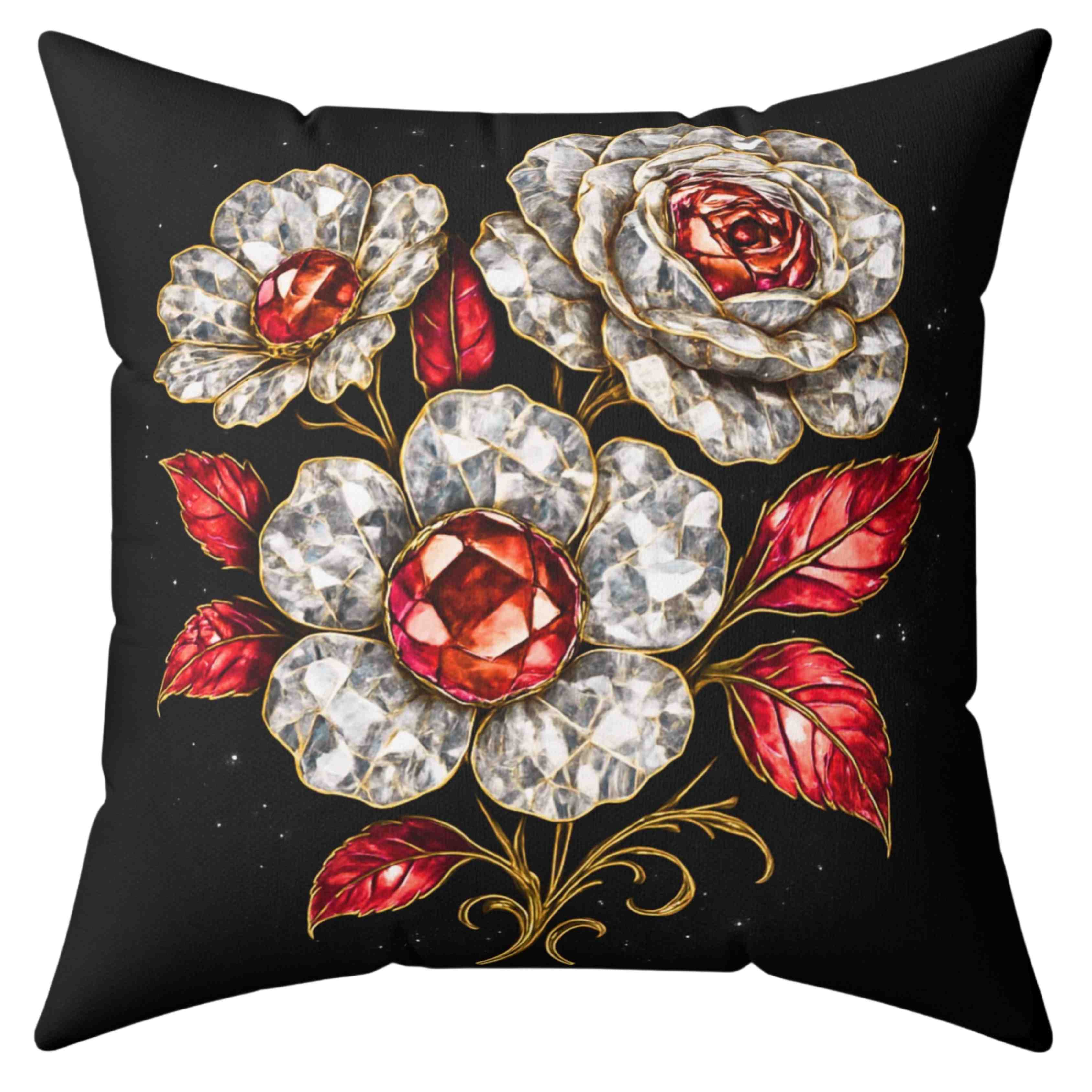 Vintage Jeweled diamonds and Rubies on Roses Pillow | Decorative Square Pillow product thumbnail image