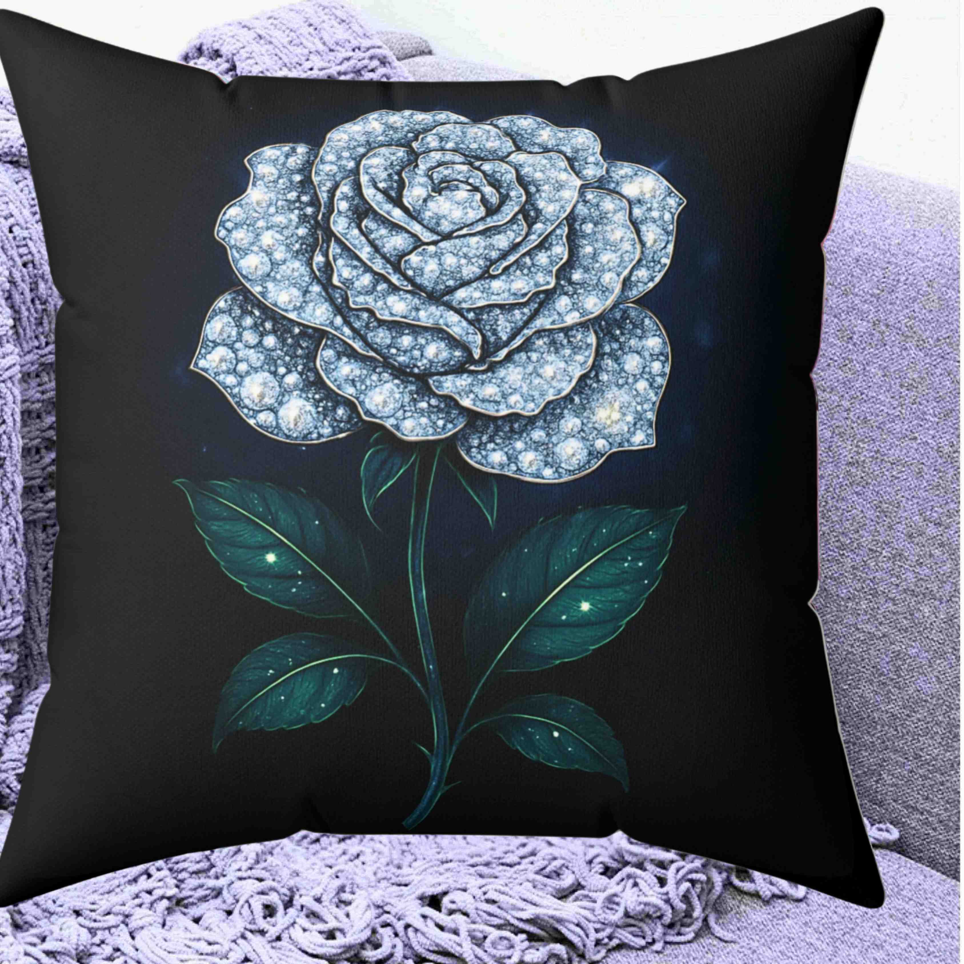 White Diamond Rose Illustration Pillow | Floral Botanical Square Pillow product thumbnail image