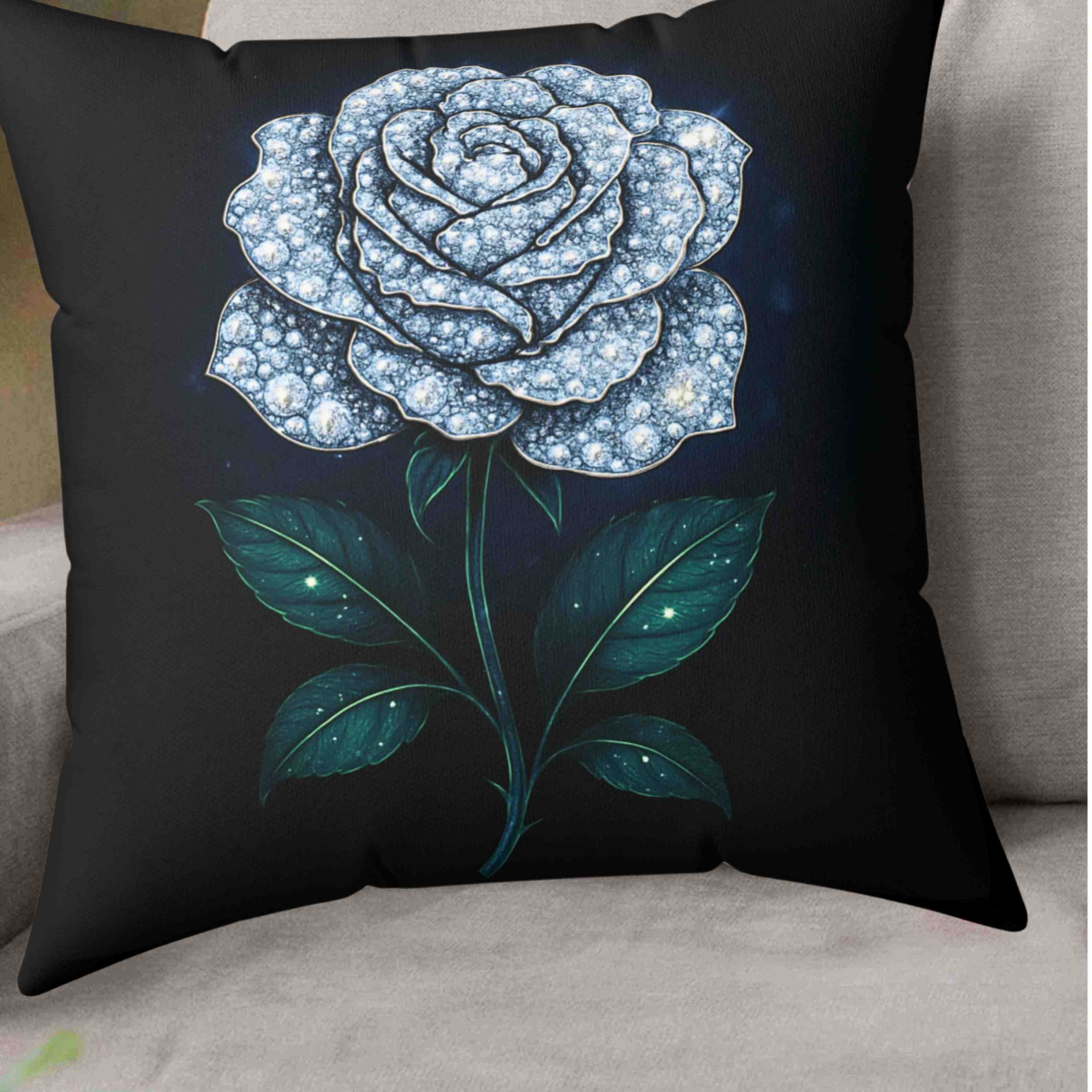 White Diamond Rose Illustration Pillow | Floral Botanical Square Pillow product thumbnail image