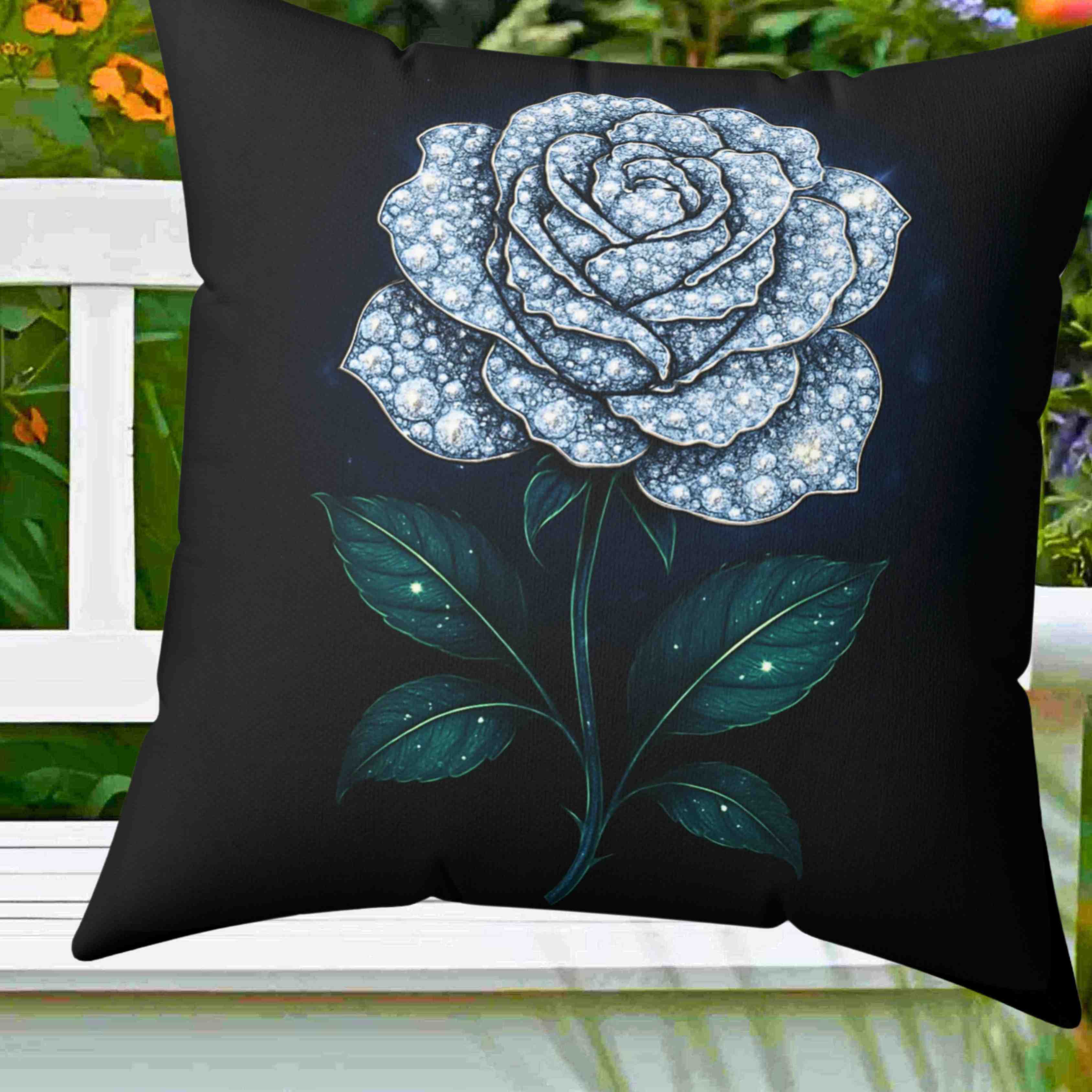 White Diamond Rose Illustration Pillow | Floral Botanical Square Pillow product thumbnail image