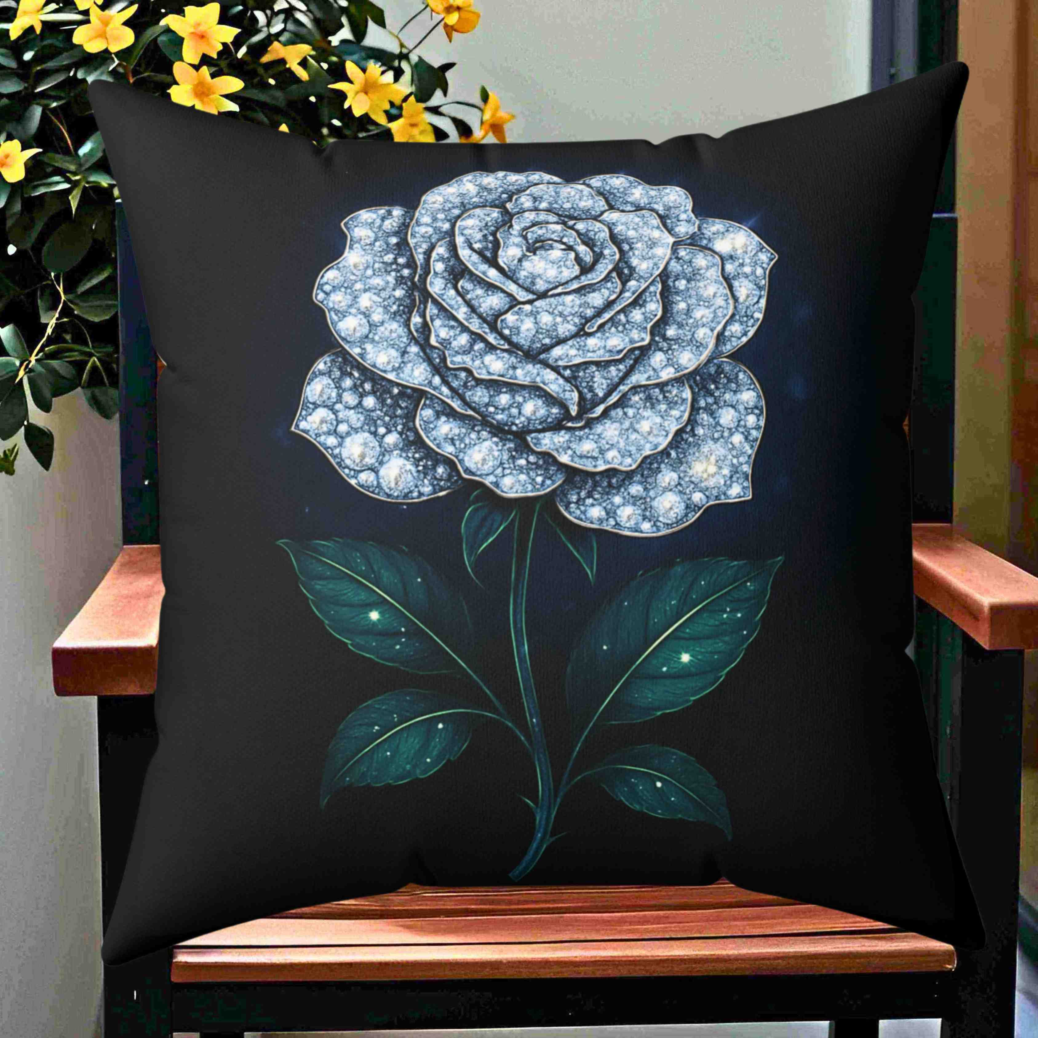 White Diamond Rose Illustration Pillow | Floral Botanical Square Pillow product thumbnail image