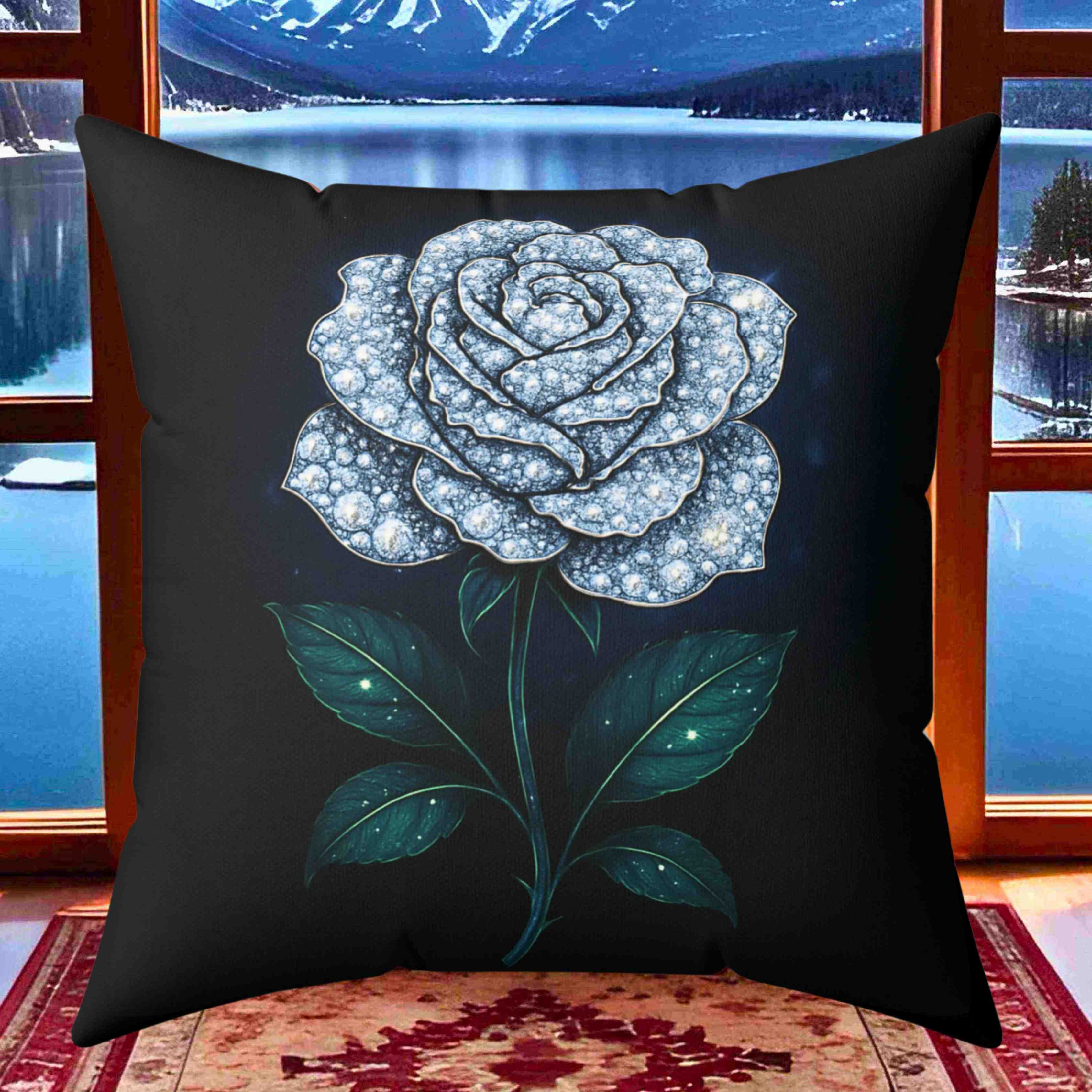 White Diamond Rose Illustration Pillow | Floral Botanical Square Pillow product thumbnail image