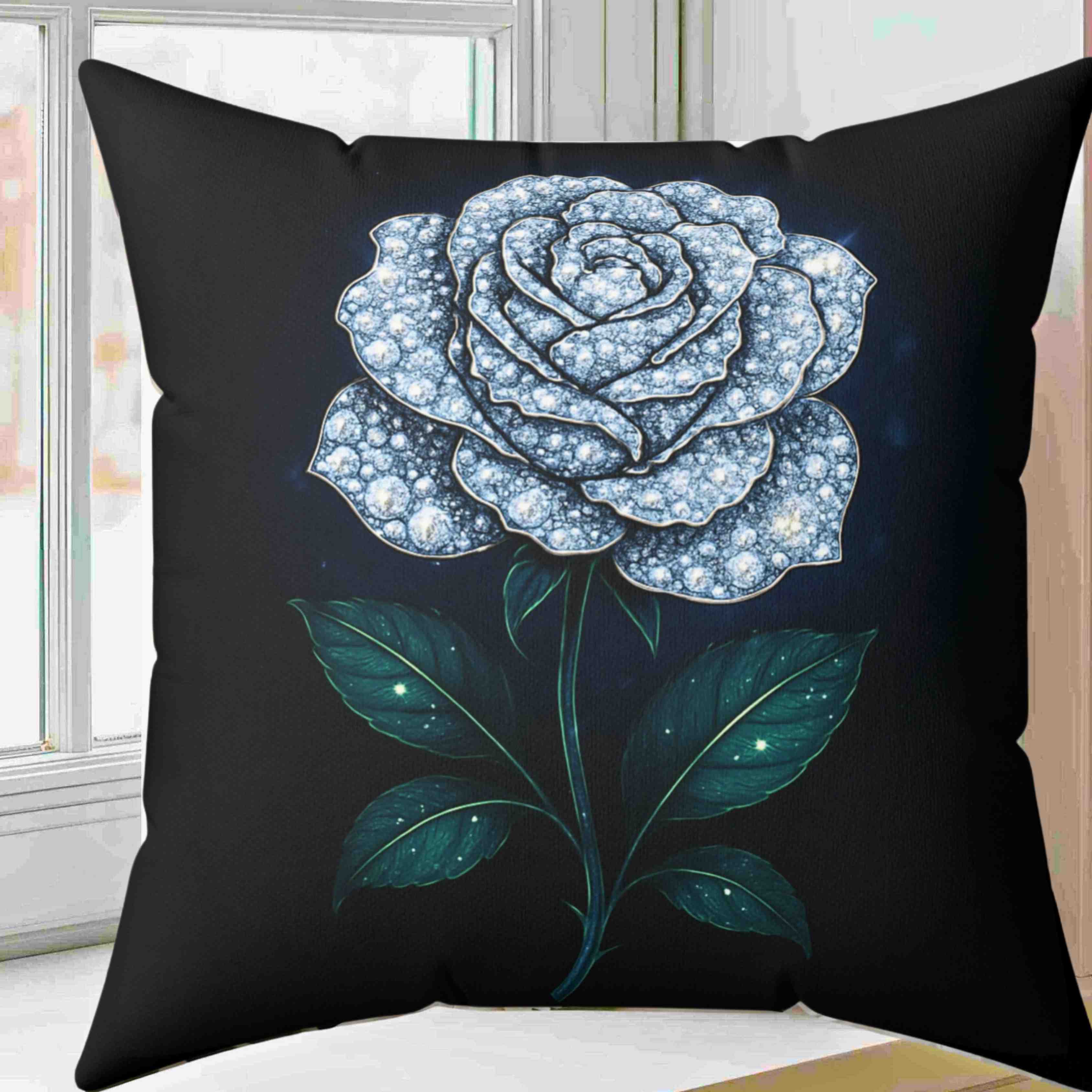 White Diamond Rose Illustration Pillow | Floral Botanical Square Pillow