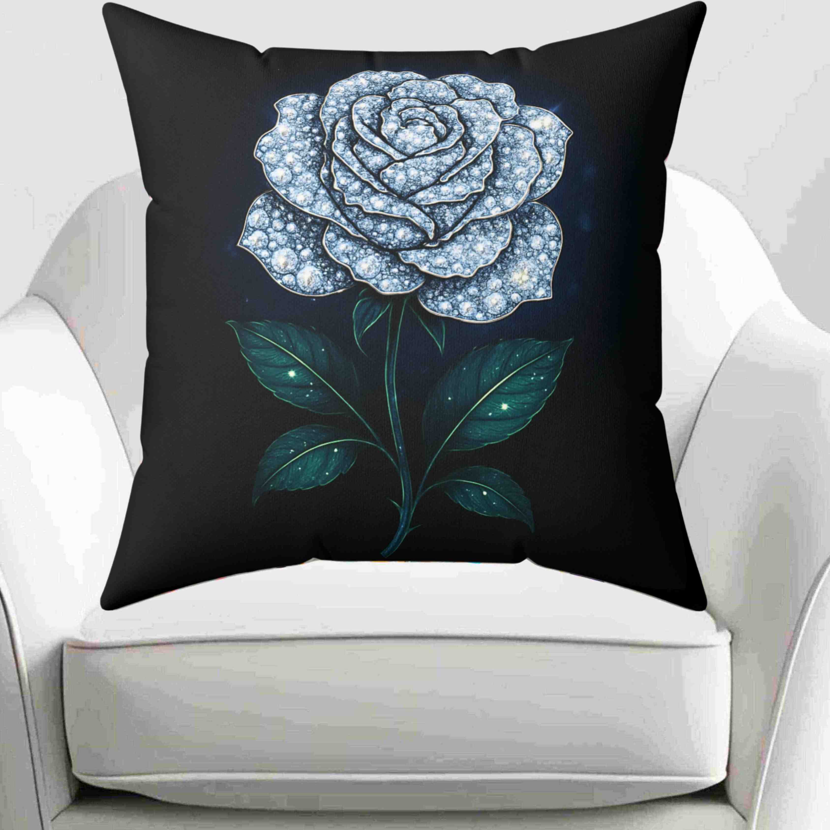 White Diamond Rose Illustration Pillow | Floral Botanical Square Pillow product thumbnail image