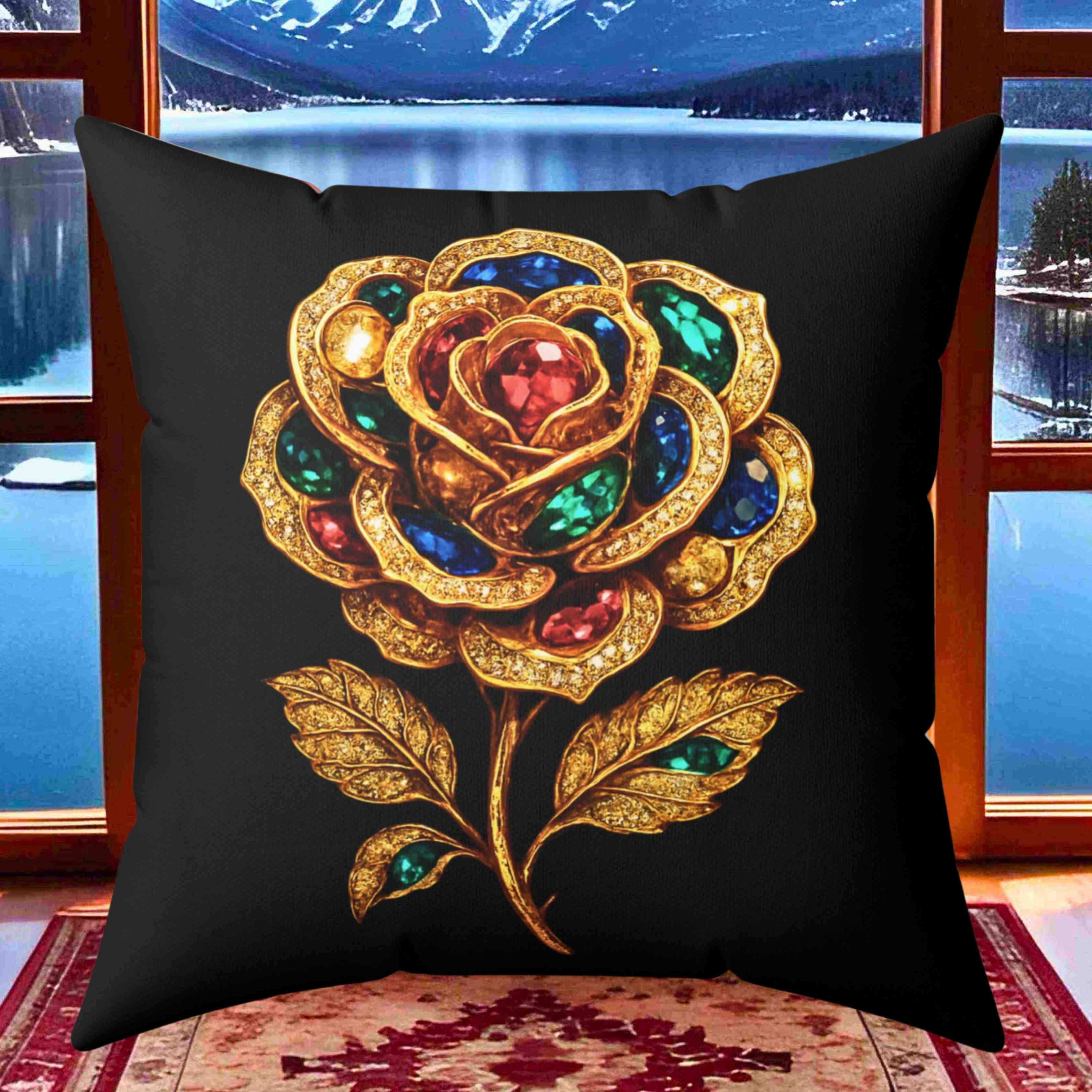 Jeweled Gold Rose Pillow | Spun Polyester Square Pillow product thumbnail image