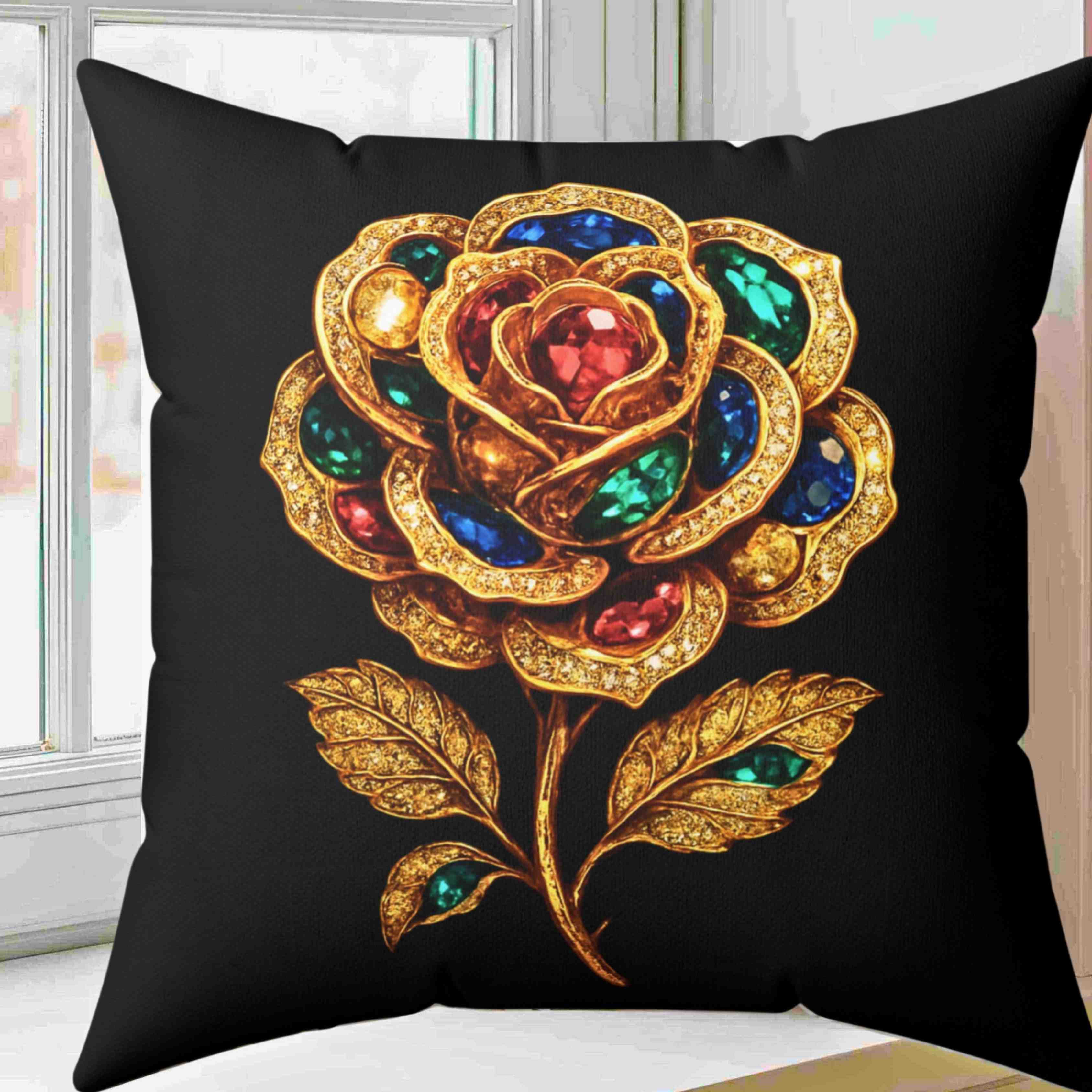 Jeweled Gold Rose Pillow | Spun Polyester Square Pillow product thumbnail image