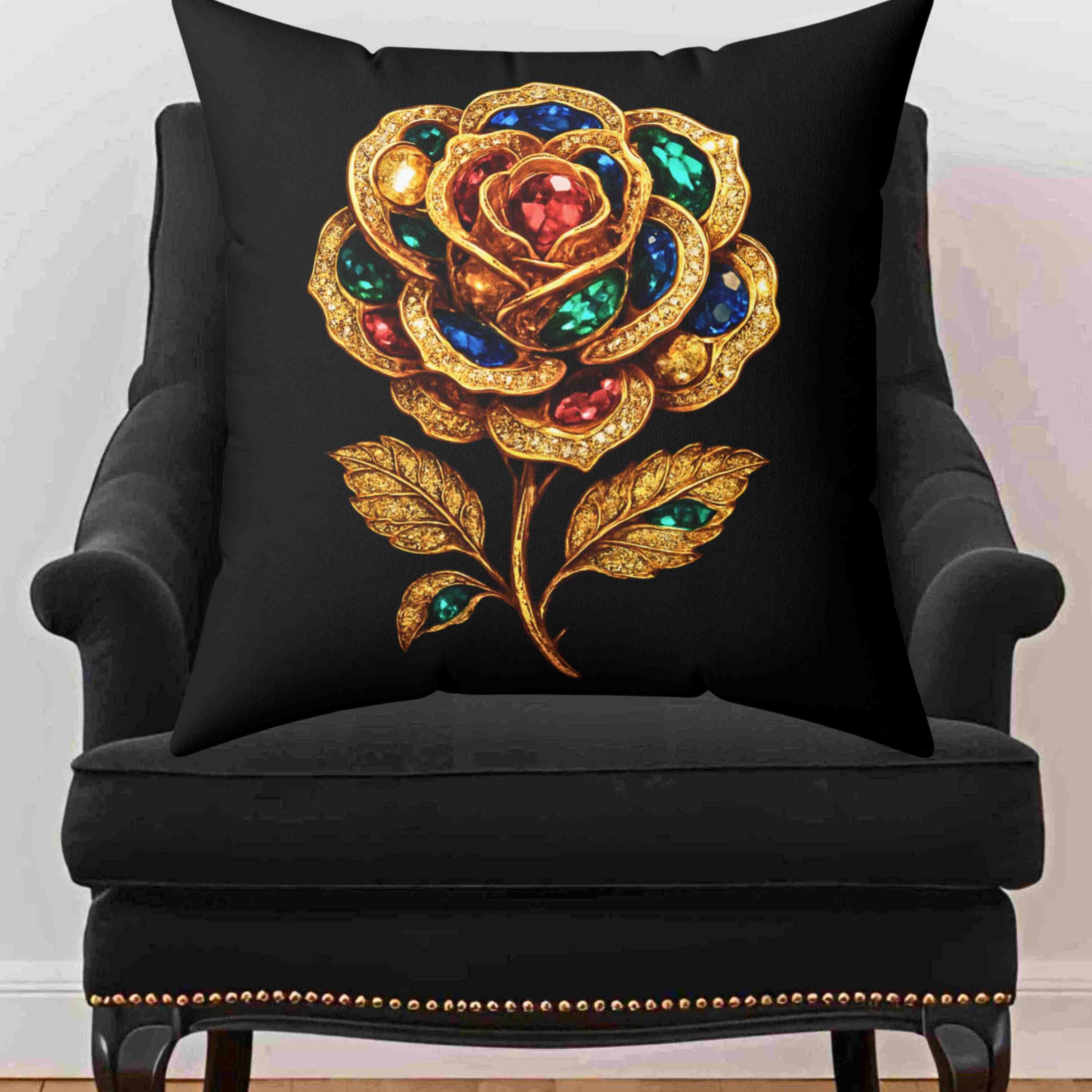 Jeweled Gold Rose Pillow | Spun Polyester Square Pillow product thumbnail image