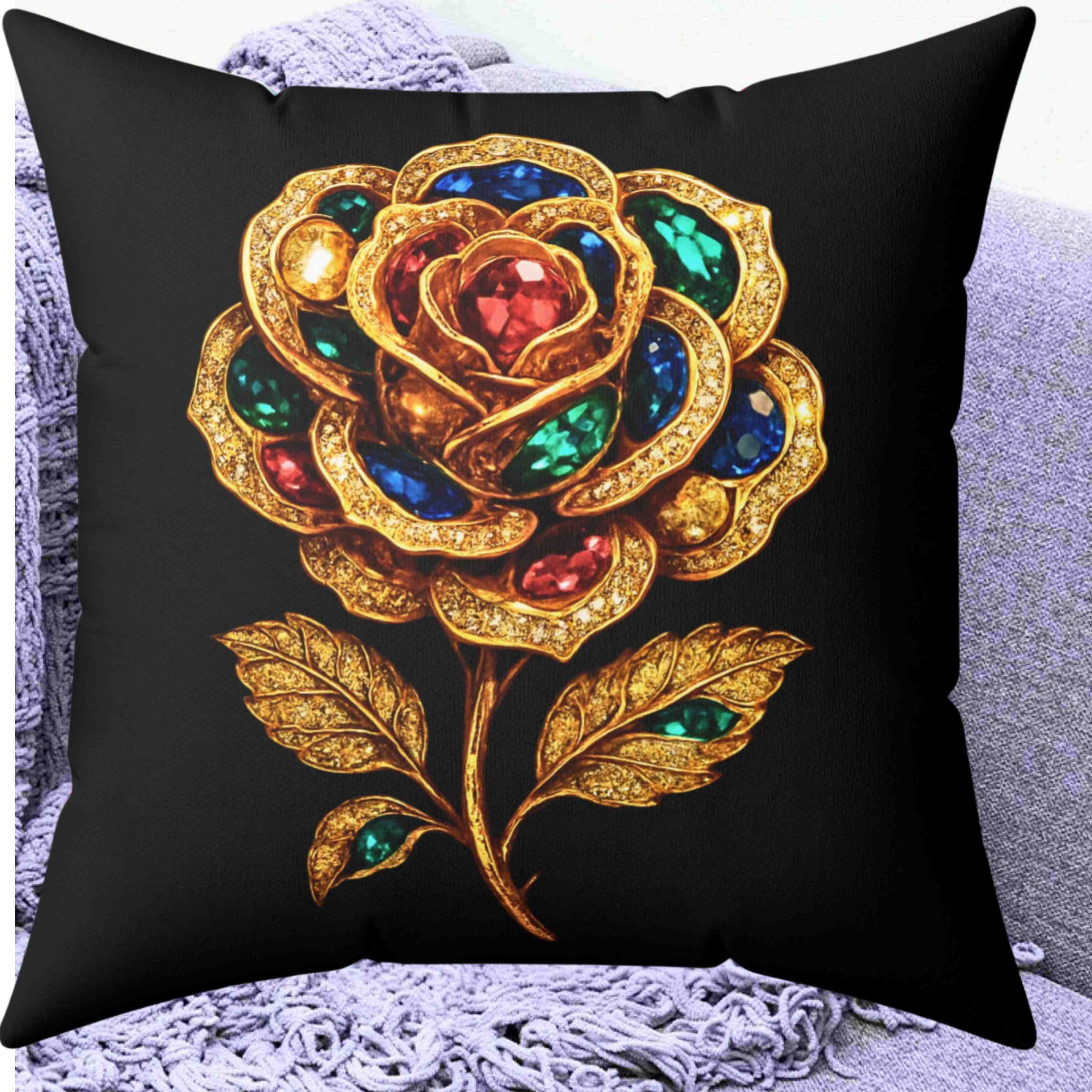 Jeweled Gold Rose Pillow | Spun Polyester Square Pillow product thumbnail image