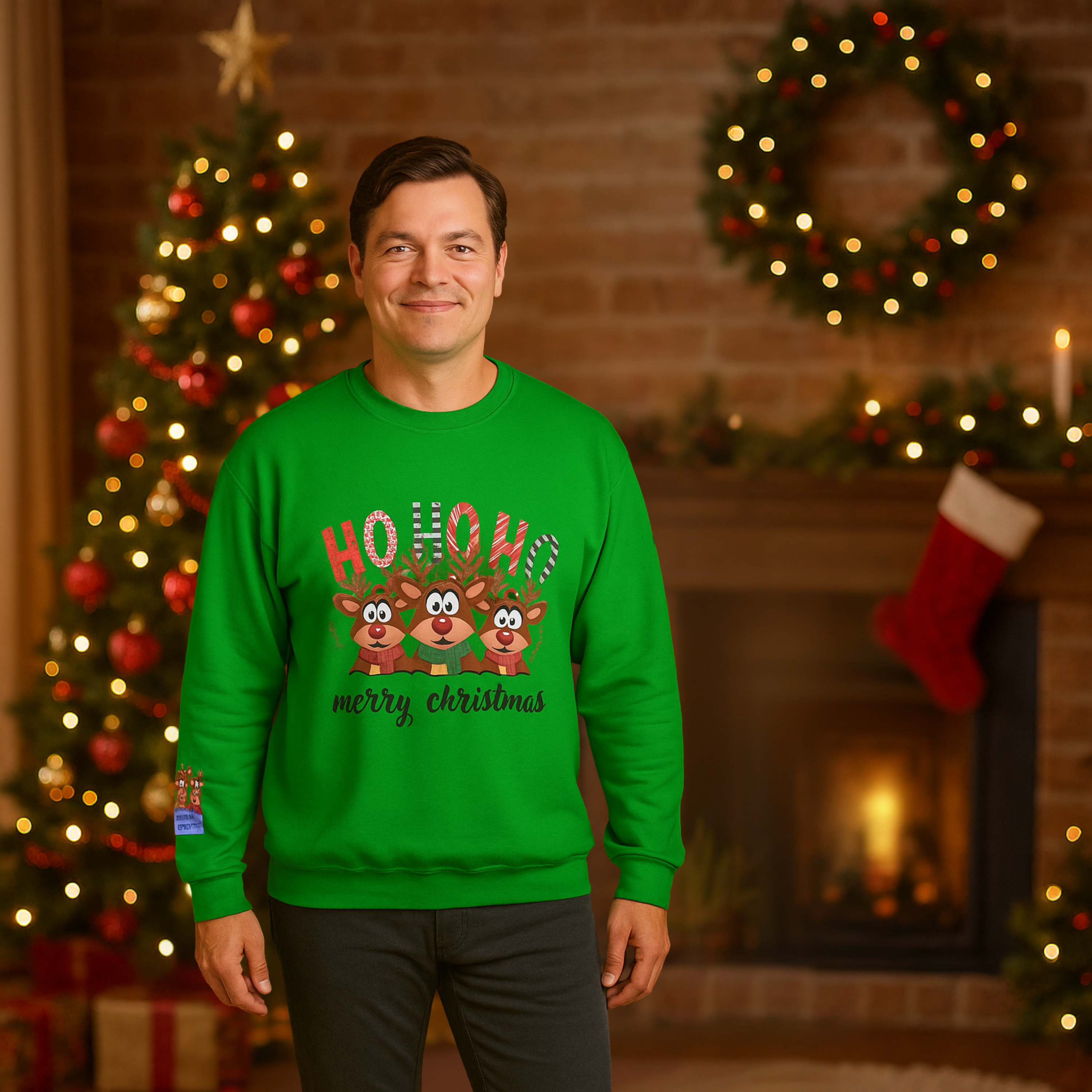 Christmas Reindeer Sweatshirt — "HO HO HO" Merry Christmas Antler Squad Crewneck product thumbnail image Christmas Reindeer Sweatshirt — "HO HO HO" Merry Christmas Antler Squad Crewneck product thumbnail image