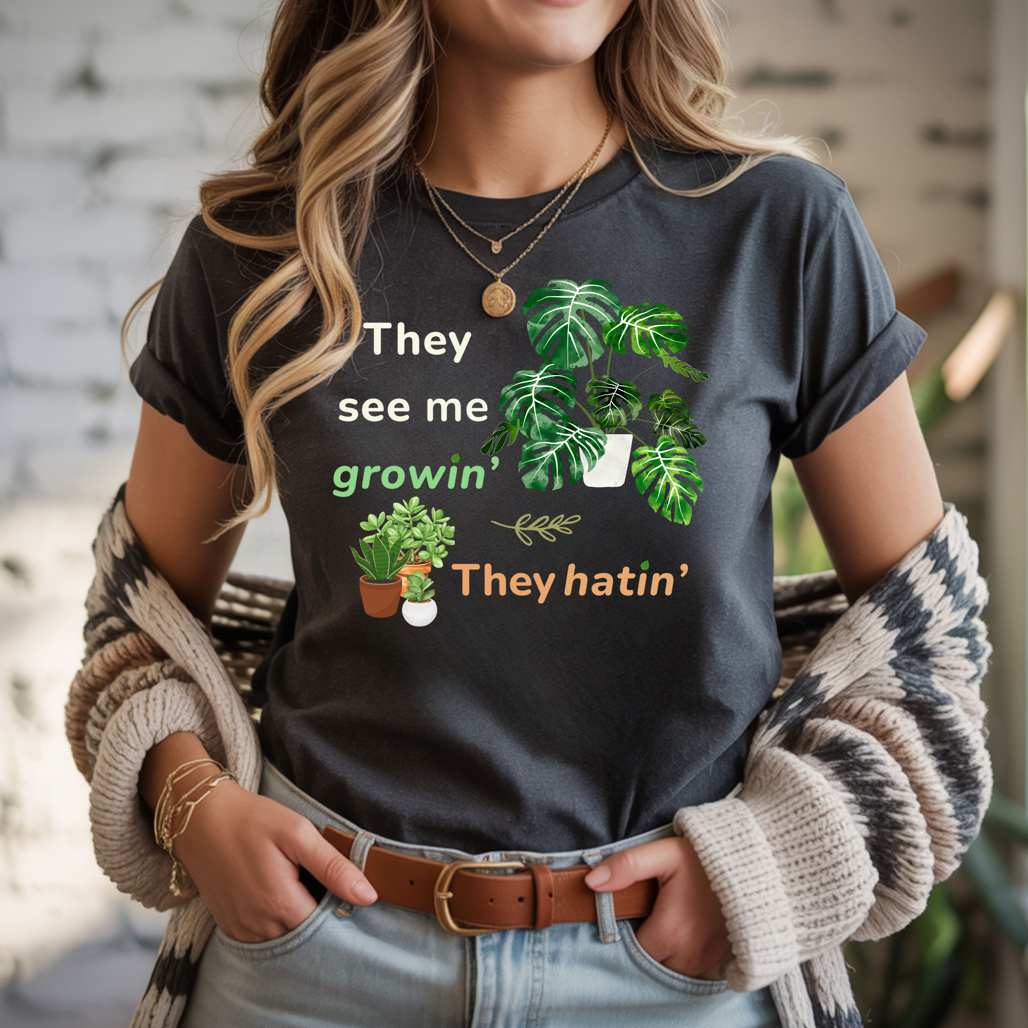 They See Me Growin’ They Hatin’ Plant Lover Shirt | Funny Monstera Tee | Houseplant Humor Graphic T-Shirt | Botanical Aesthetic Gift | Gardener &amp; Plant Mom Tee | Unisex Cotton Plant Shirt product thumbnail image